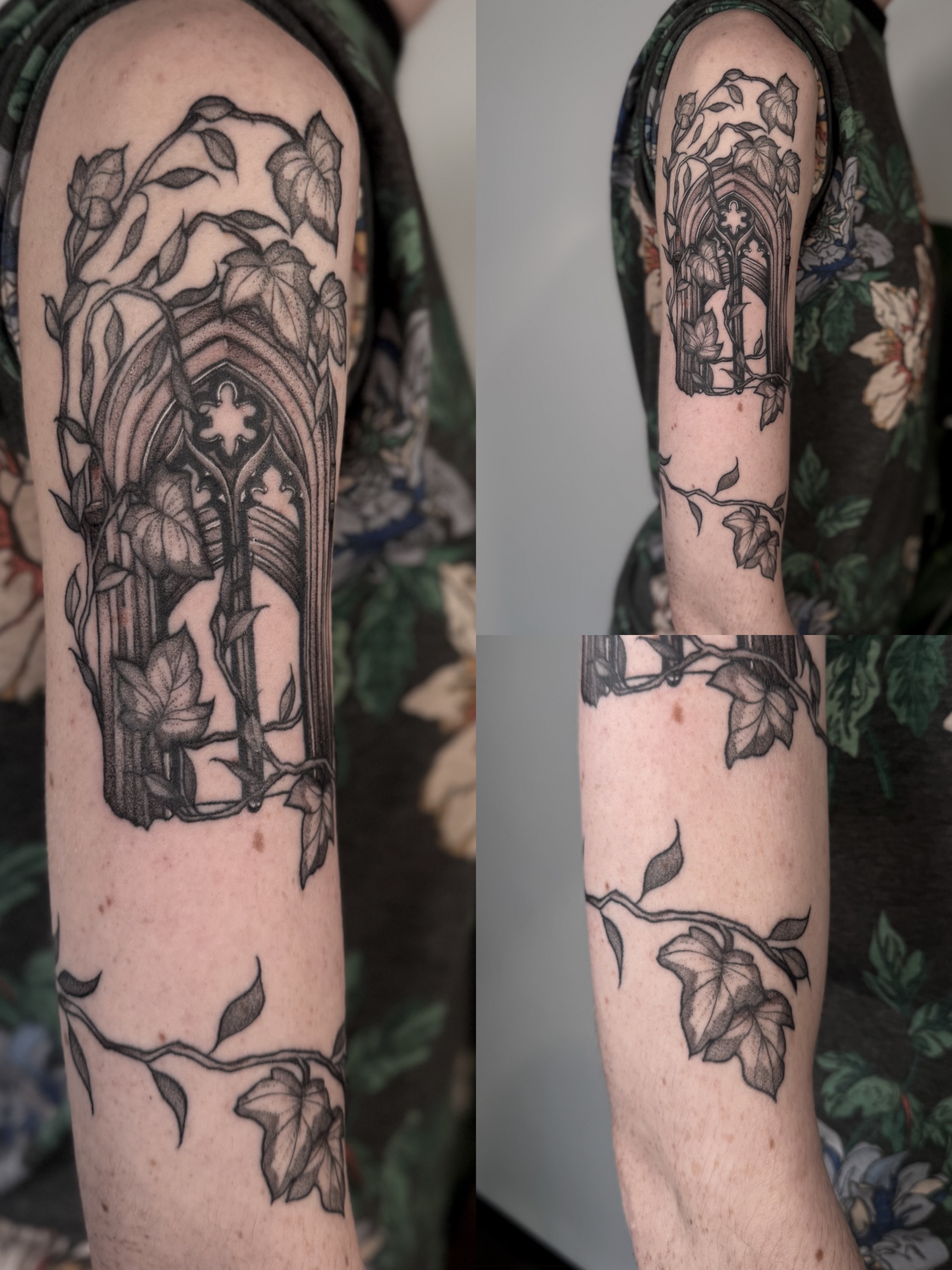 Gothic archway with ivy ornamental tattoo on the forearm by Jessica Bloom