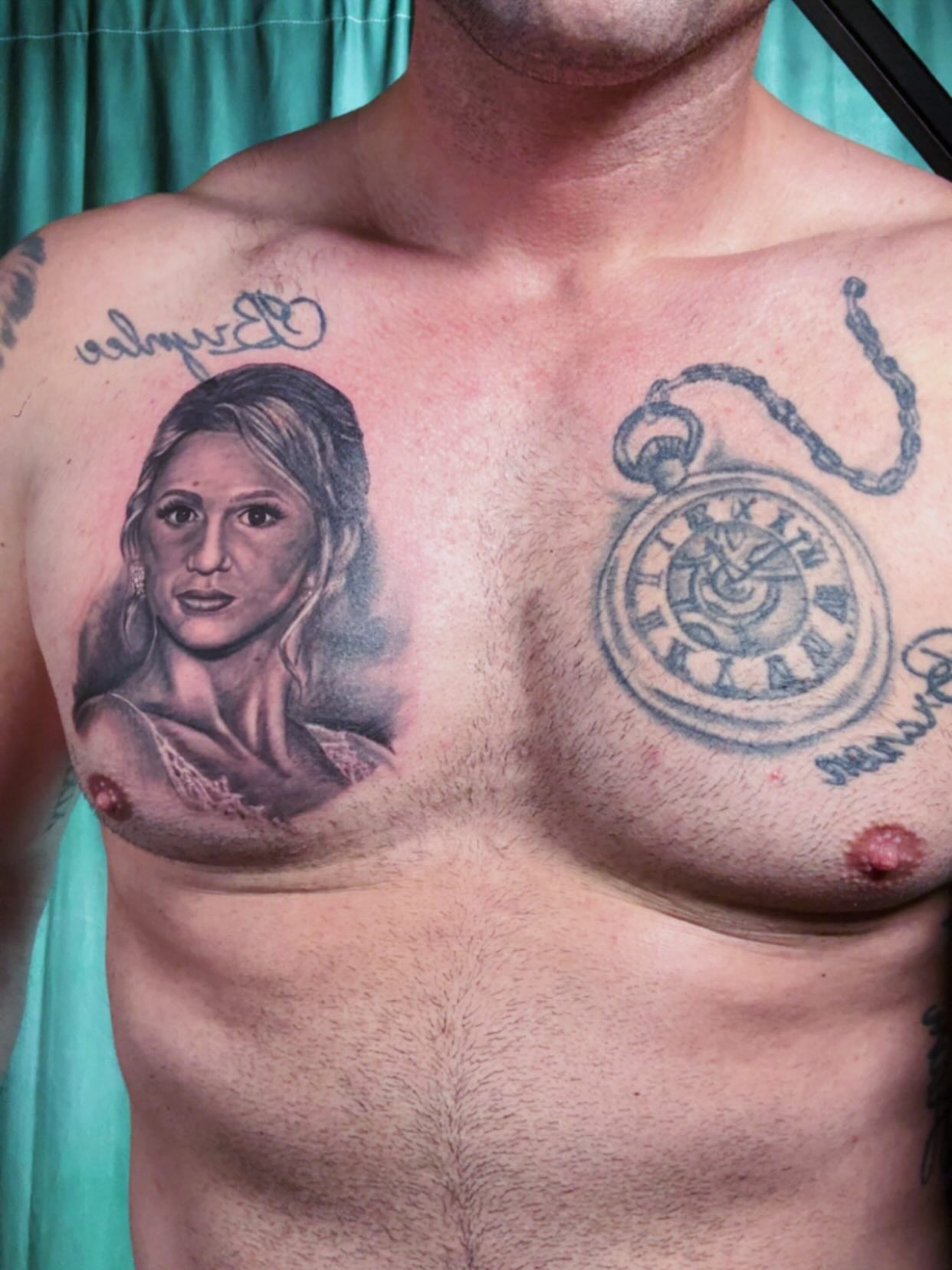 Portrait realism tattoo on the chest by ℝ𝕚𝕔𝕜 ℂ𝕙𝕚𝕣𝕕𝕠𝕟