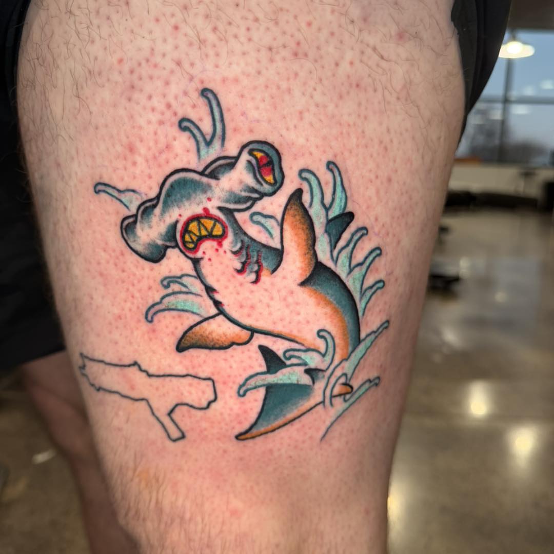Zombie shark American traditional tattoo on the thigh by Tattoos by Aeron Herald Maurbjorn, Sioux