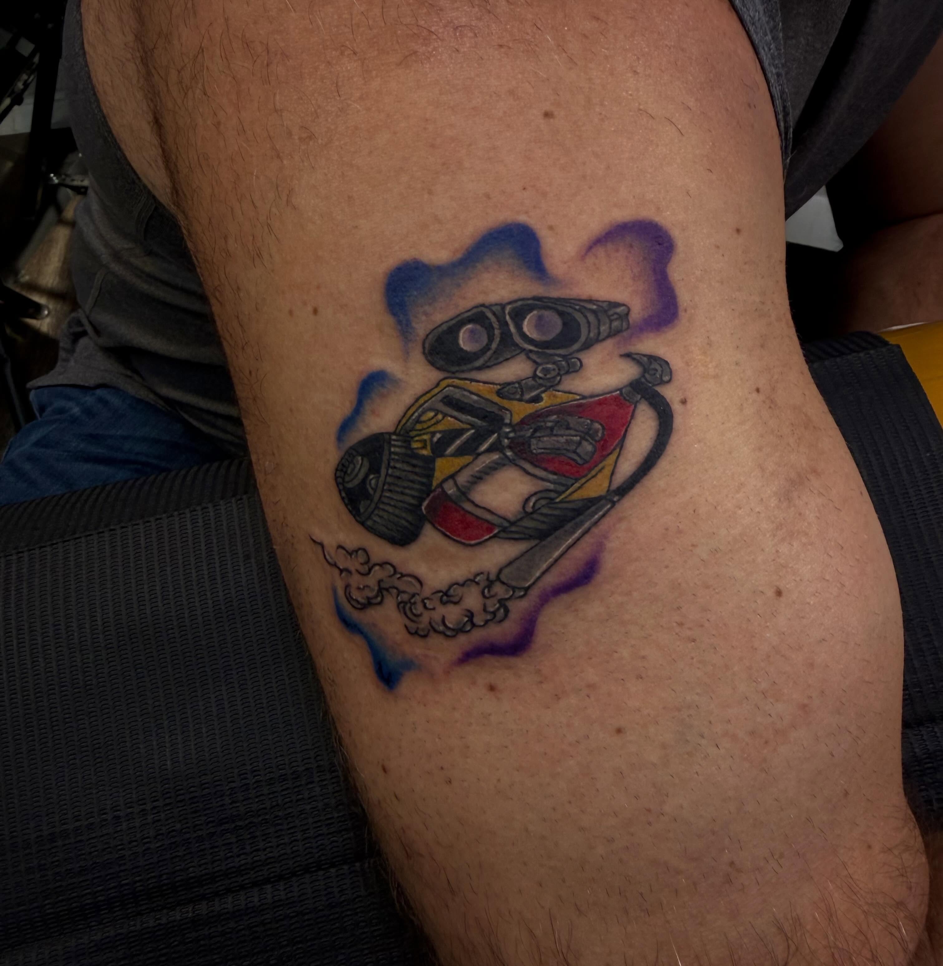 Wall-e robot dotwork tattoo on the thigh by Abigail Lewis