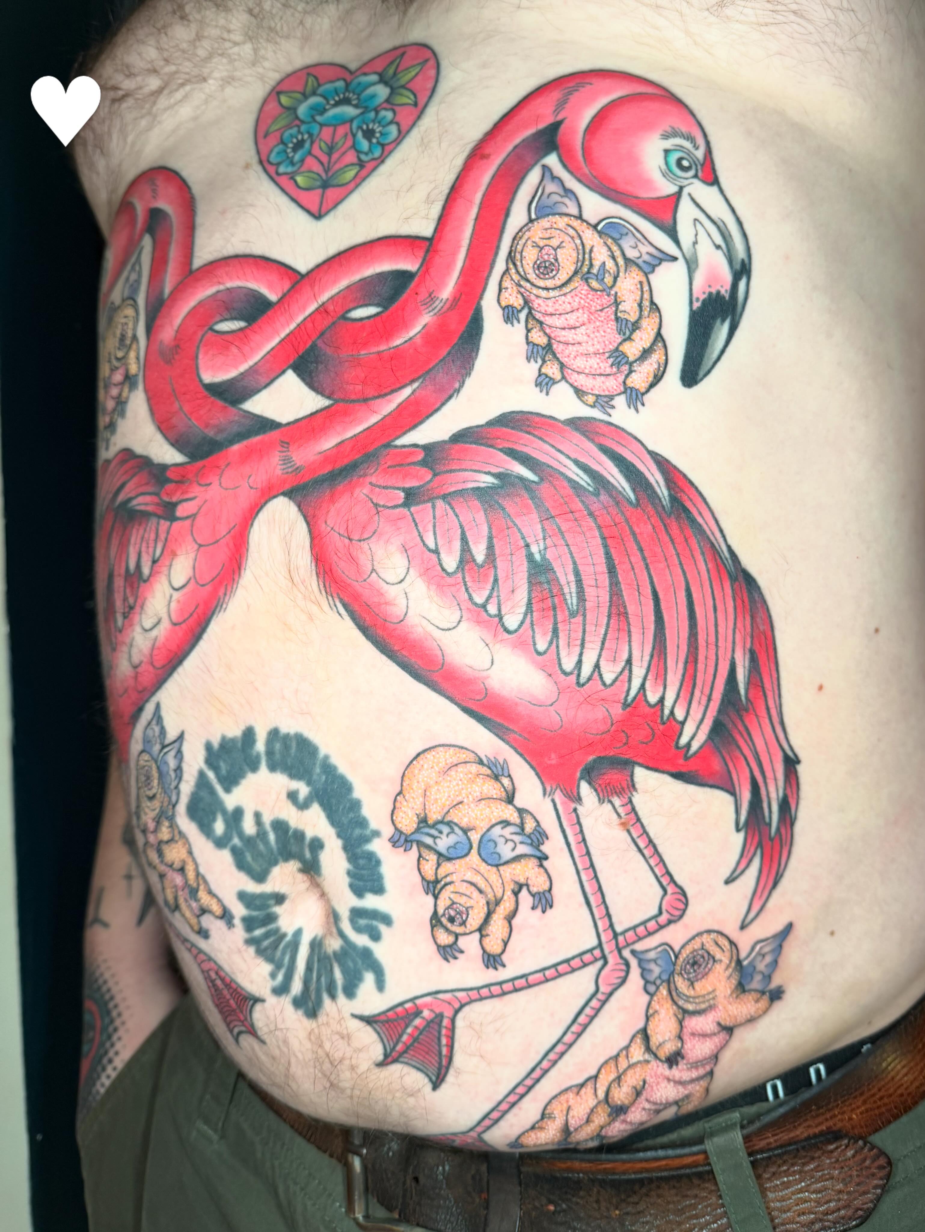 Flamingo and piglets American traditional tattoo on the thigh by ♥︎ ᴅᴇᴠ ʀᴇɴᴇᴇ ♥︎