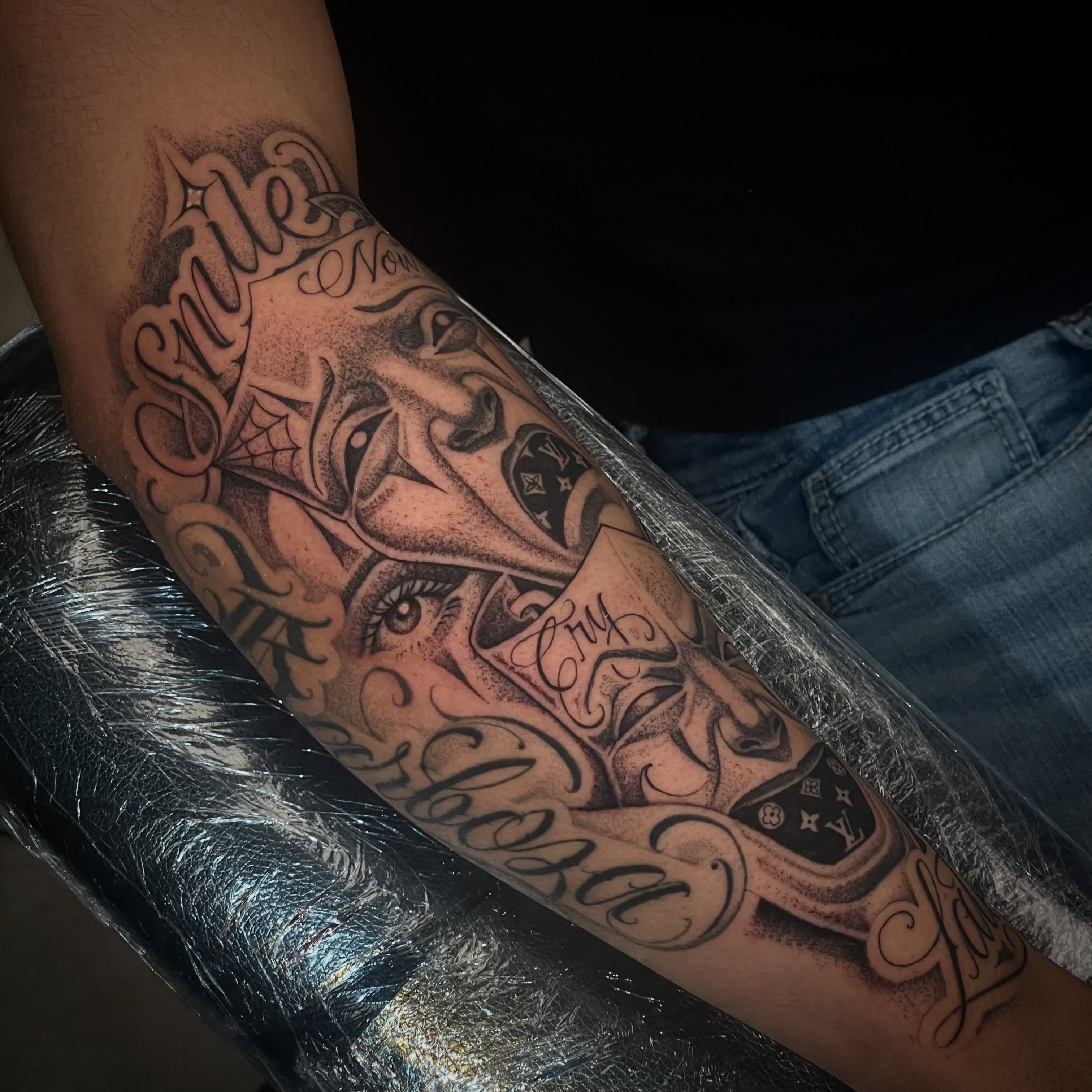 Script lettering dotwork tattoo on the forearm by Shadoww Espinoza