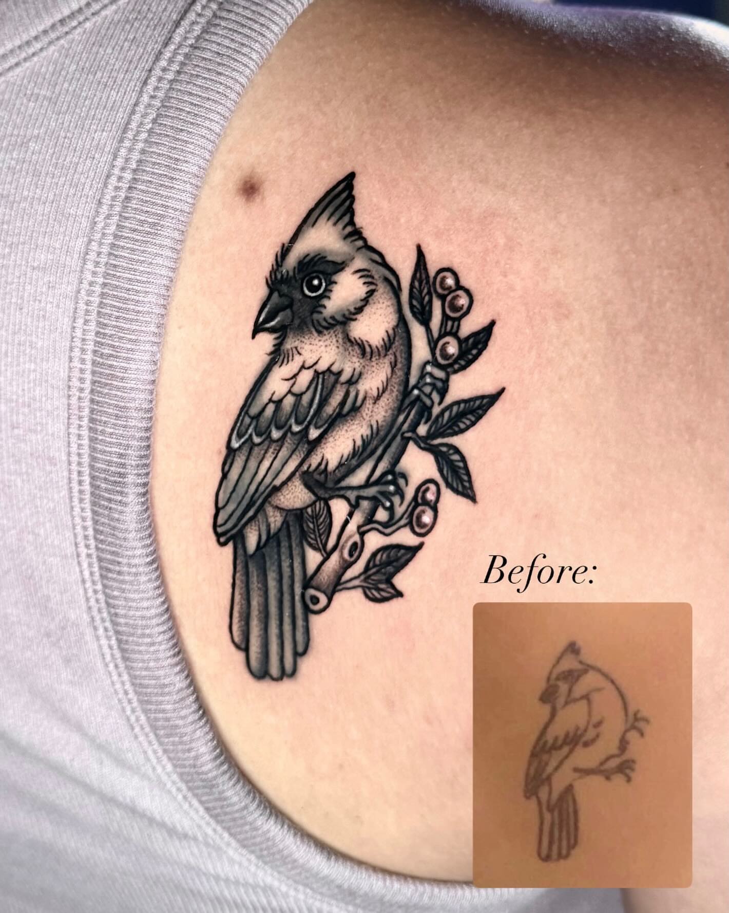 Cardinal bird black and grey tattoo on the shoulder by mia christensen