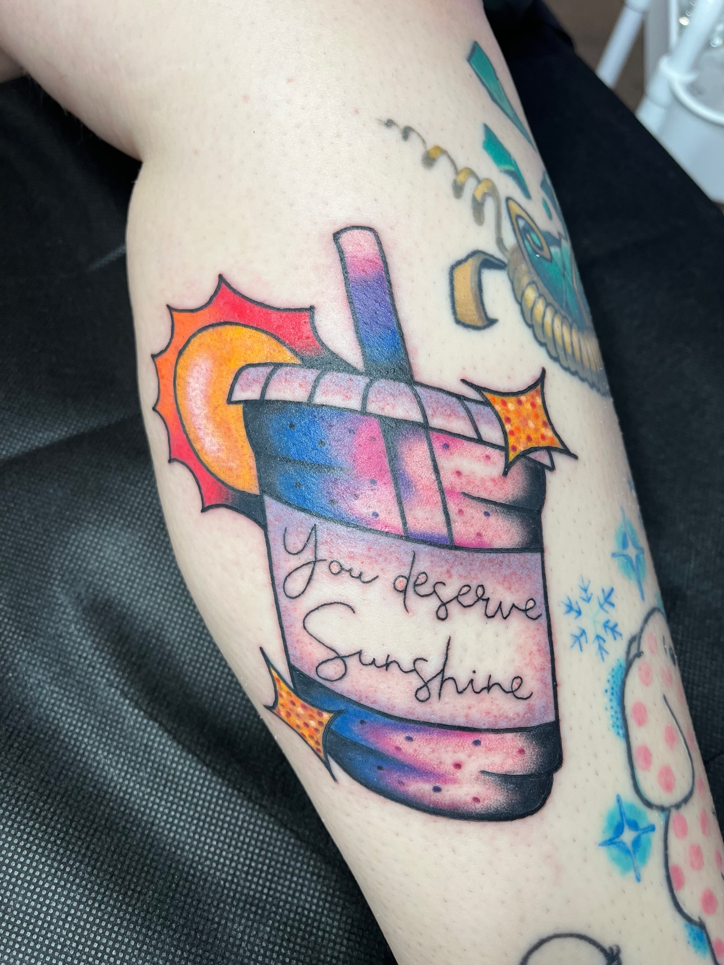 Soda cup with sun new school tattoo on the forearm by Autumn**🍓NOW BOOKING