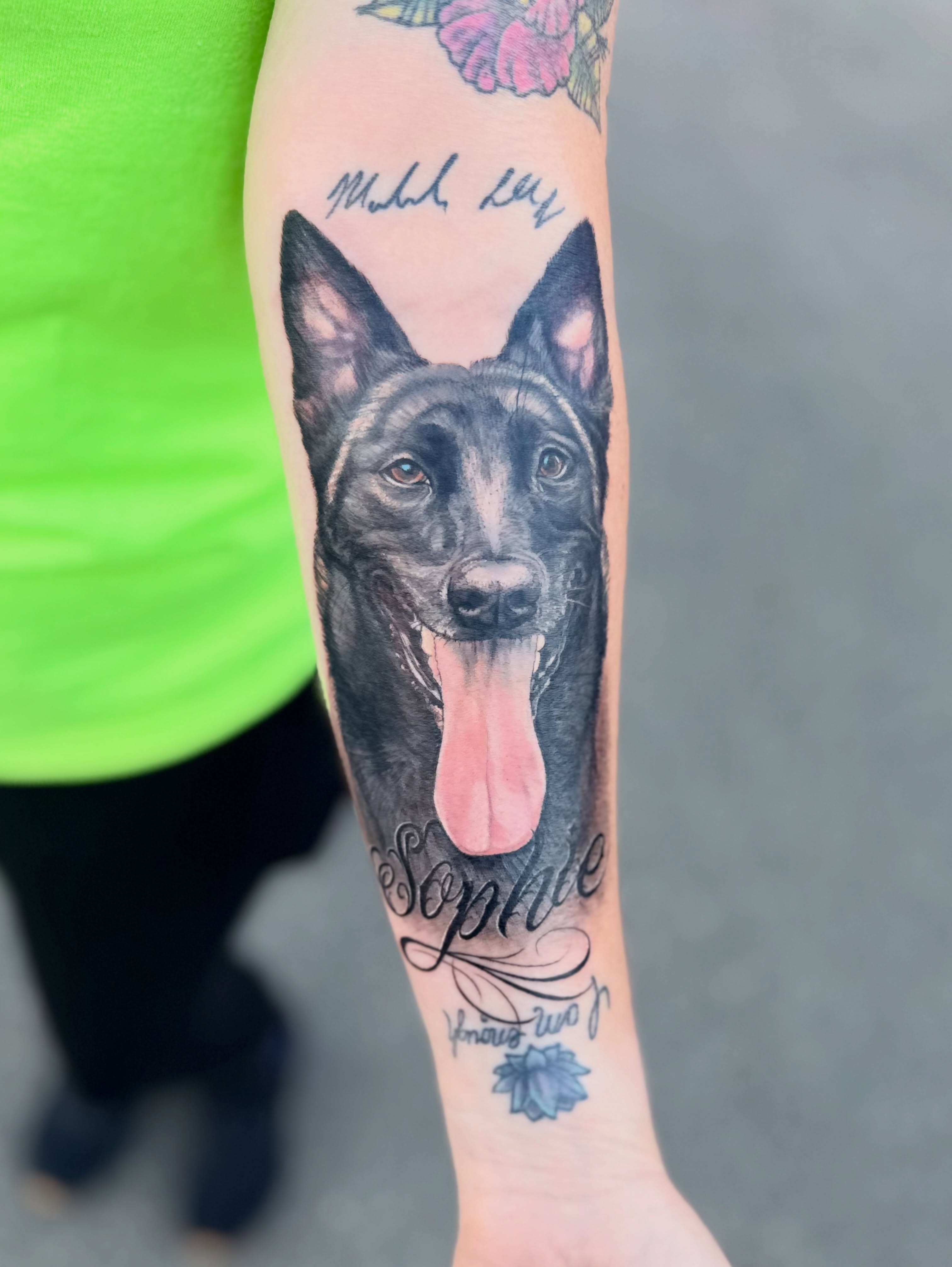 Dog portrait realism tattoo on the forearm by Maggie George