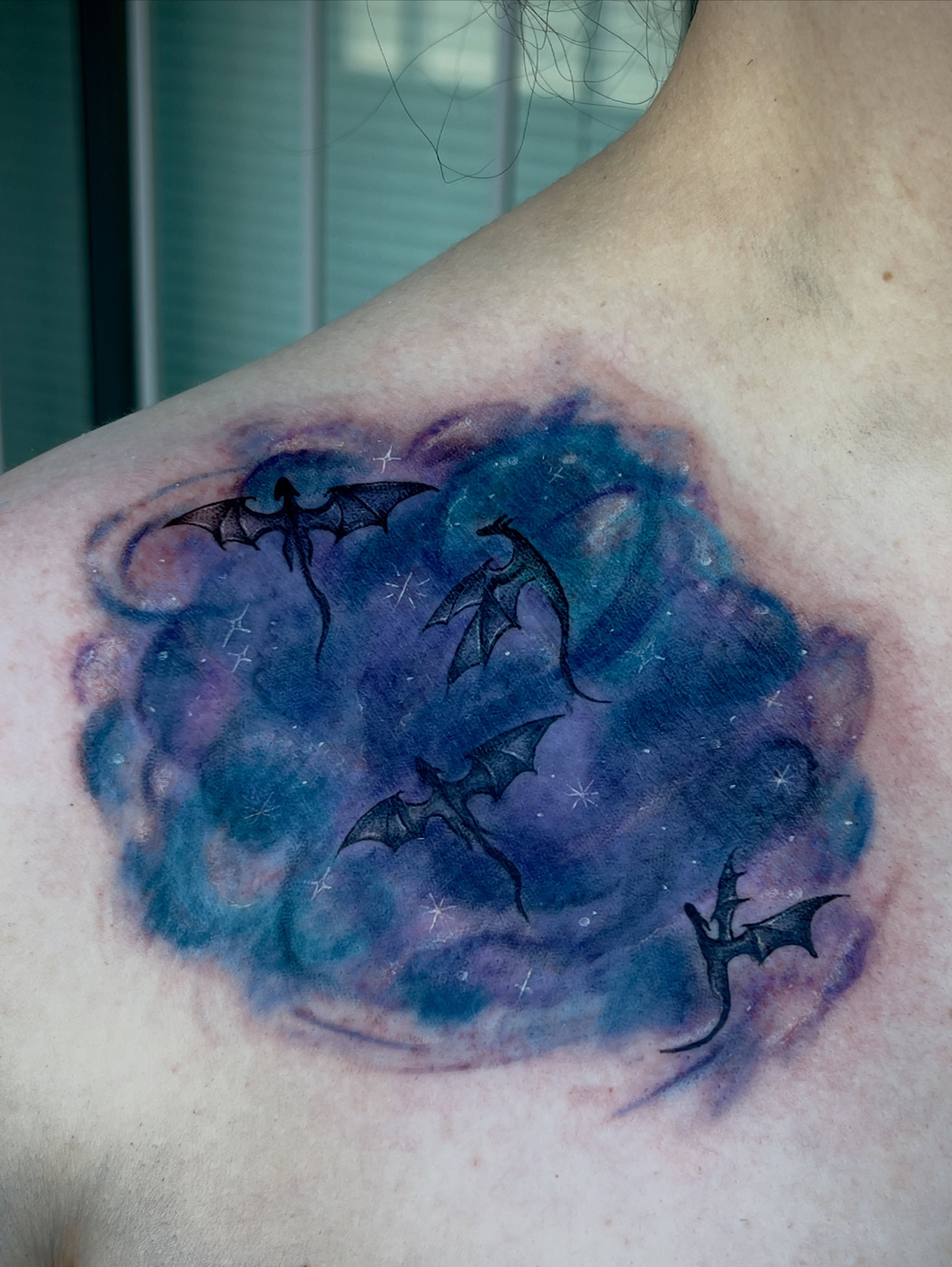 Bats in night sky watercolor tattoo on the chest by Charlotte (Luna), Seattle, Washington