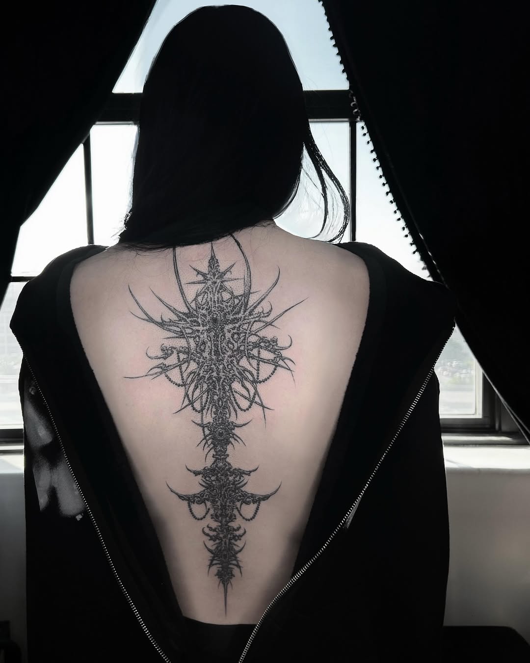 Ornamental abstract design cyber sigilism tattoo on the back by ๐๐ฆ๐ฐ๐ฆ๐
