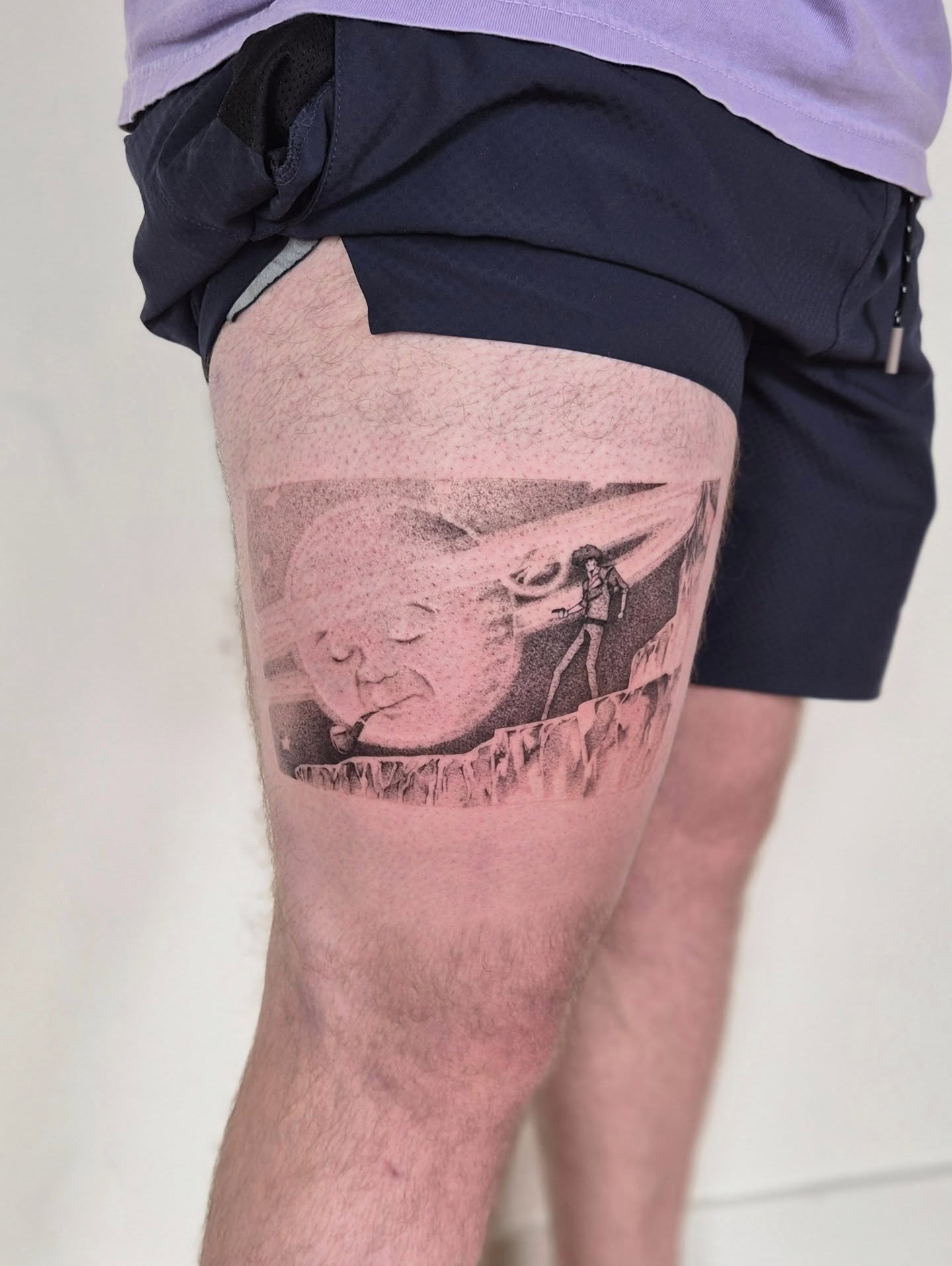 Astronaut and moon dotwork tattoo on the thigh by Sophorn Long (soapy)