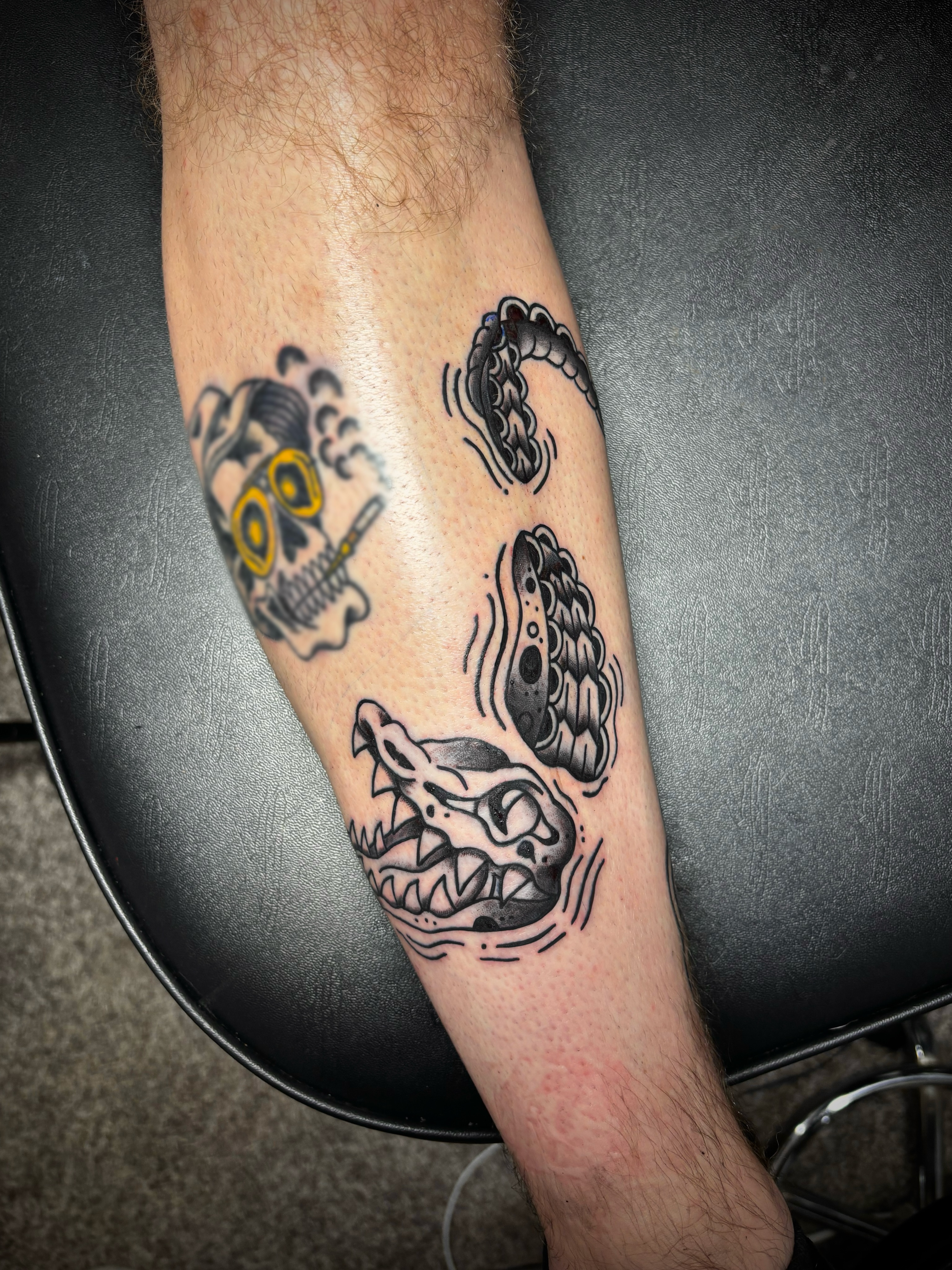Skull and snake American traditional tattoo on the forearm by JT.tattoos