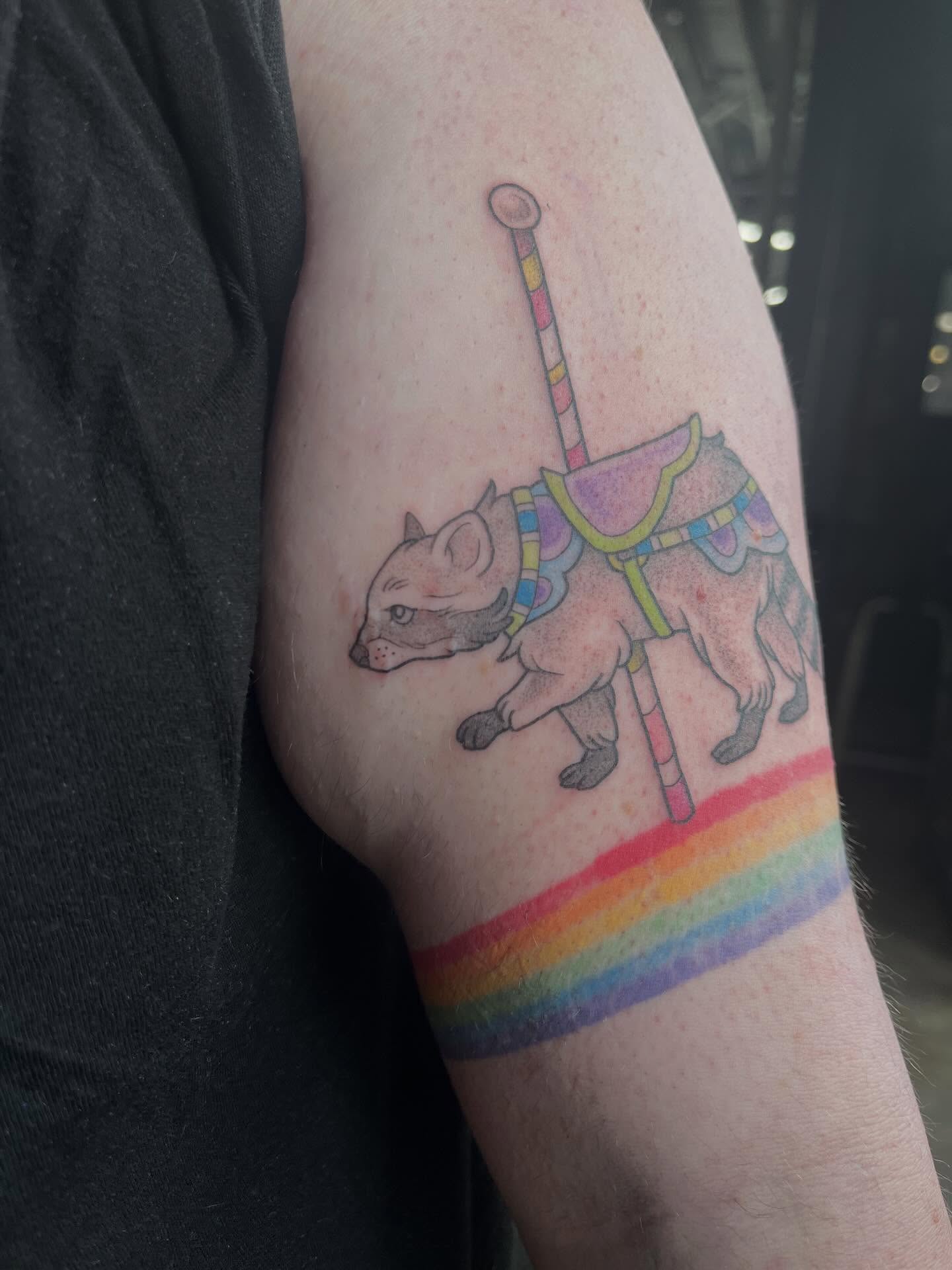 Carousel pig realism tattoo on the forearm by bunny, Minneapolis, Minnesota