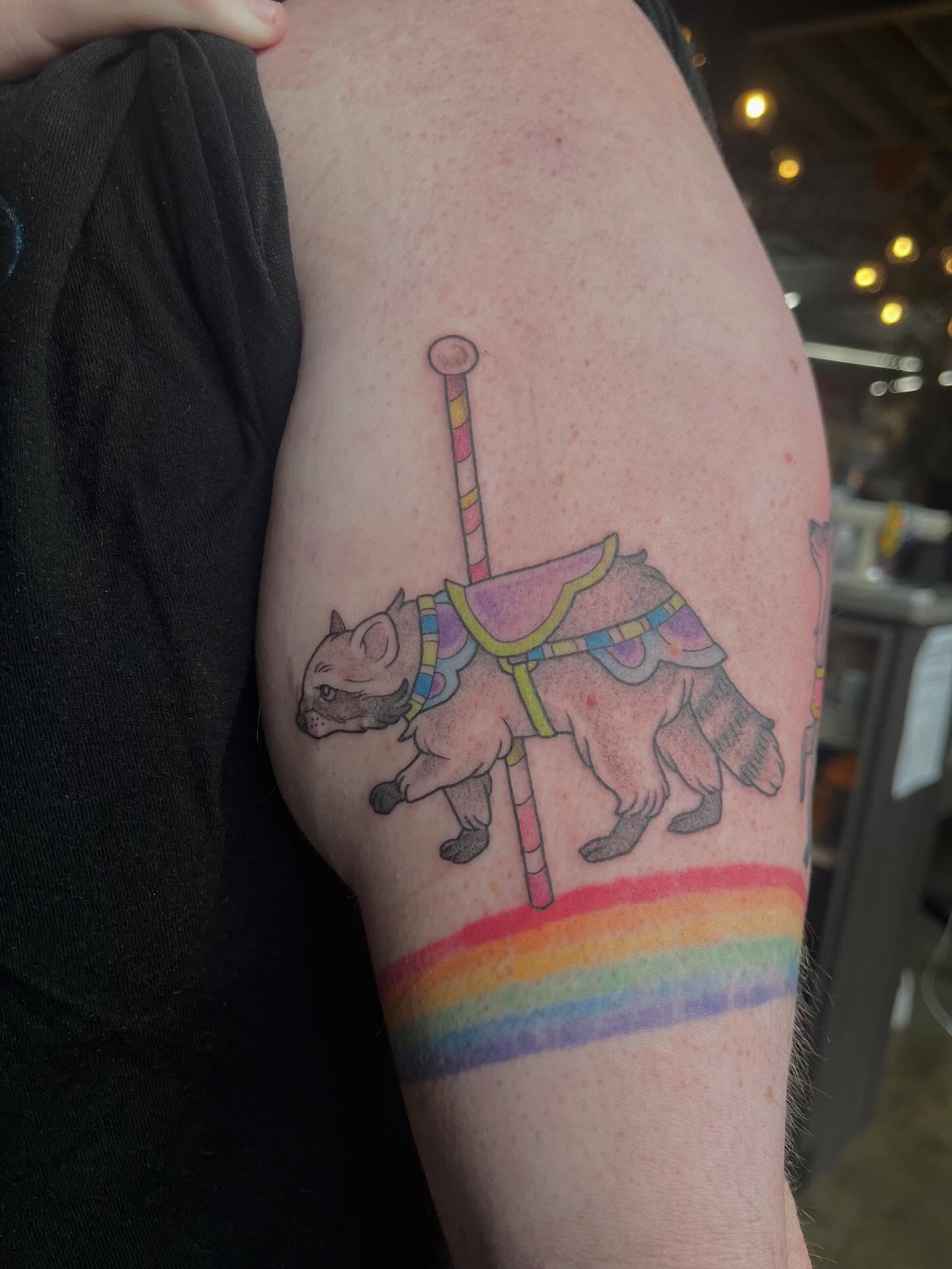 Carousel bear new school tattoo on the forearm by bunny, Minneapolis, Minnesota