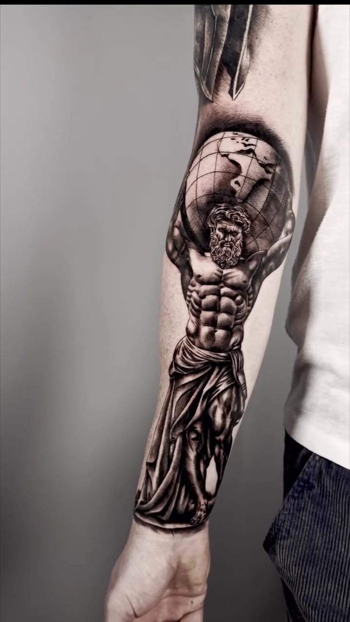 Atlas holding the globe realism tattoo by Tattoos By Josh