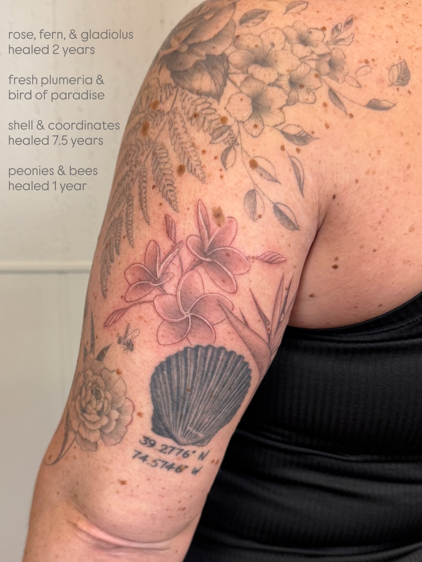 Floral and shell black and grey tattoo on the upper arm by Justin Turkus