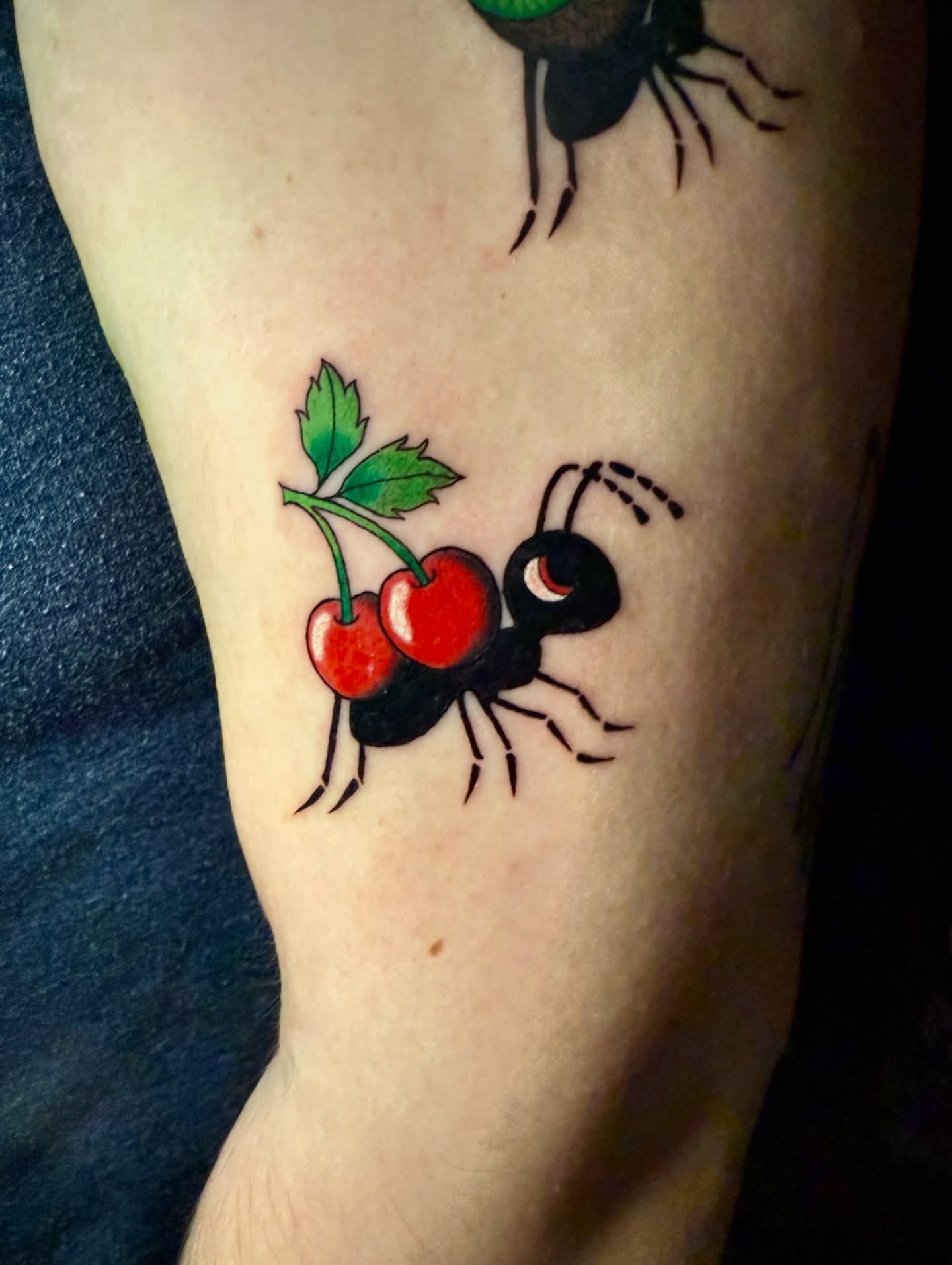 Ant carrying cherries realism tattoo on the forearm by Tess