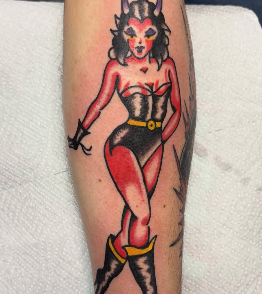 Demon woman American traditional tattoo on the forearm by Jake Herbert, Knoxville, Tennessee