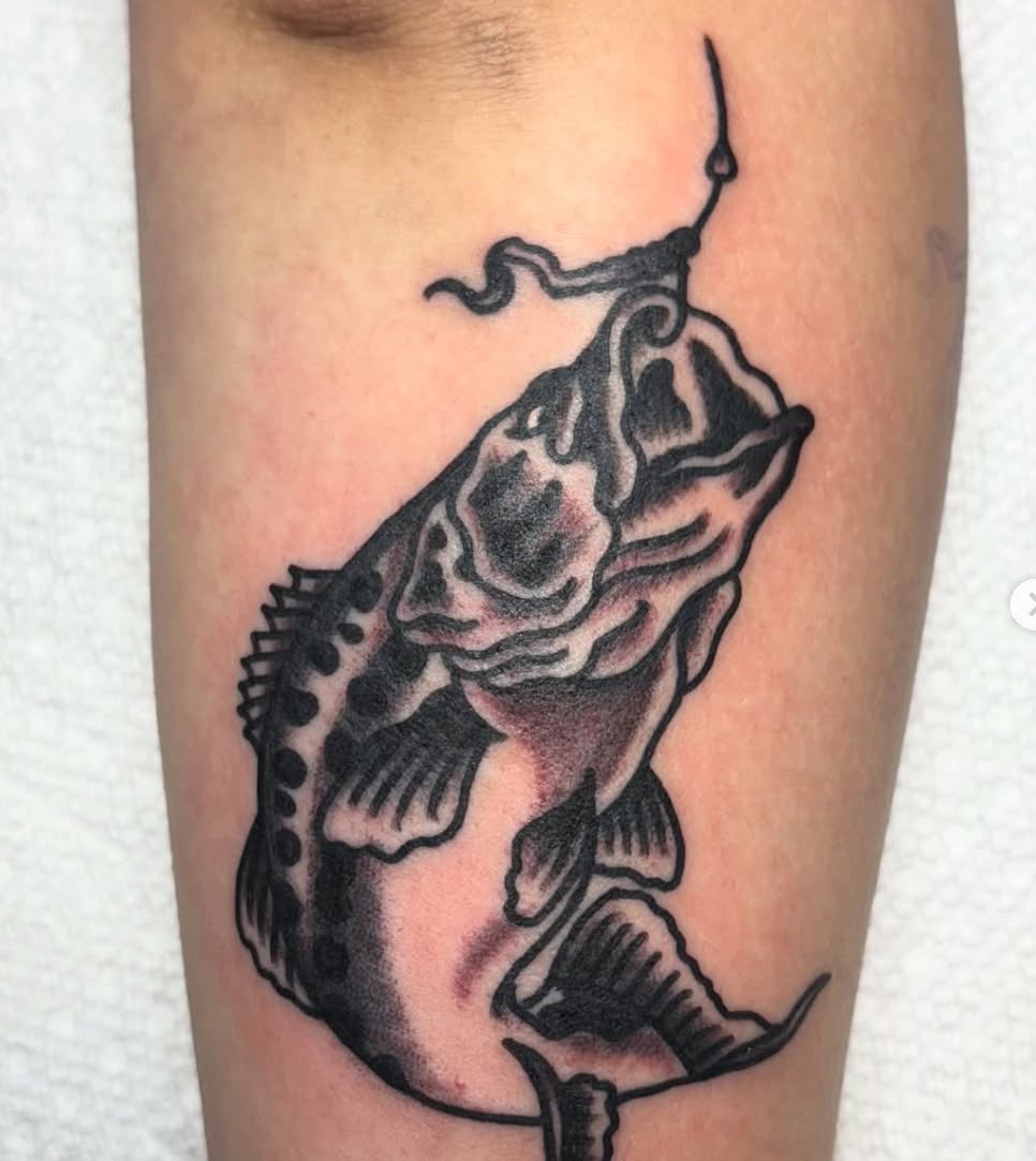 Fish black and grey tattoo on the forearm by Jake Herbert, Knoxville, Tennessee