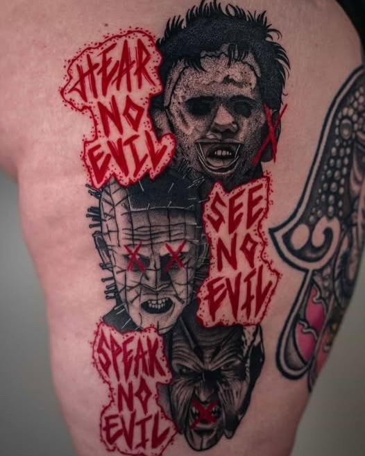 Hear no evil and see no evil dotwork tattoo on the thigh by Brooklyn Bailey