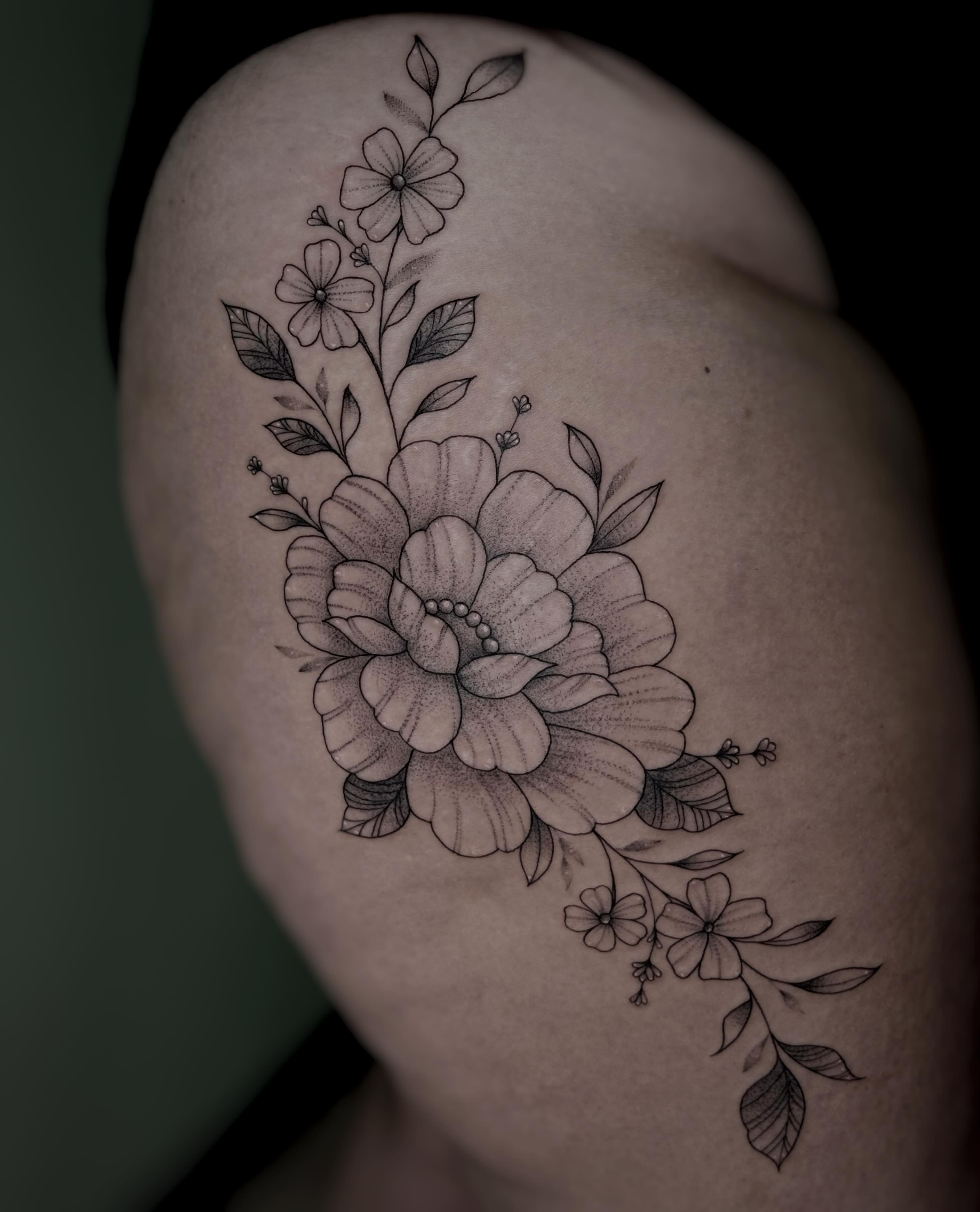 Floral bouquet dotwork tattoo on the shoulder by ππΌ Joana Diane Tattoos πΌπ