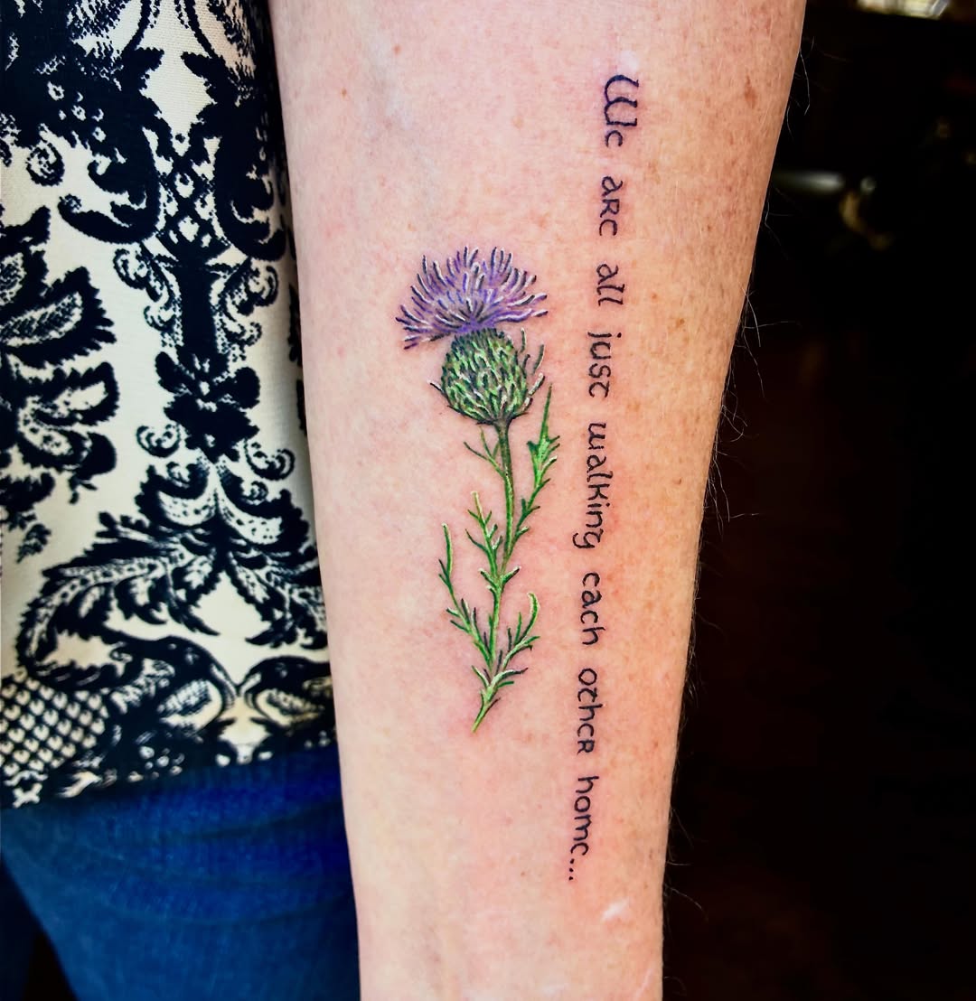 Thistle realism tattoo on the forearm by Chris Hornsby