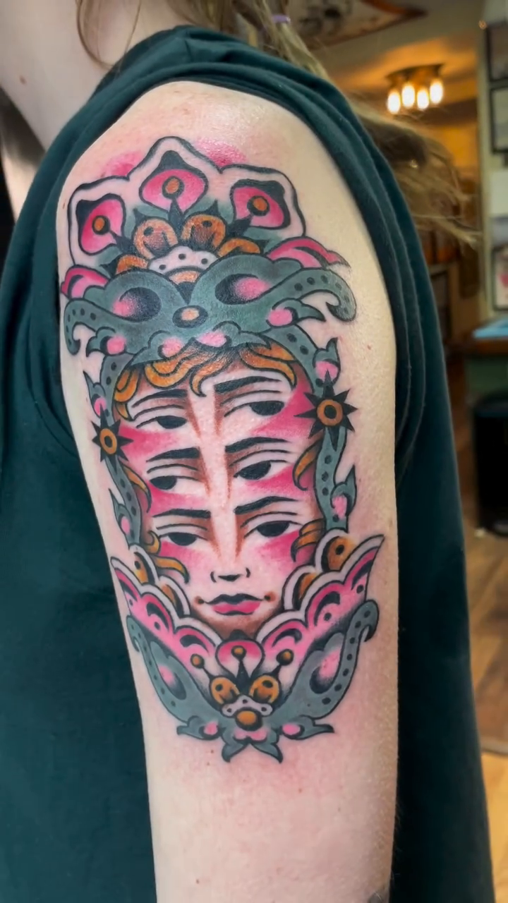 Multi-faced woman with ornate headdress neo-traditional tattoo on the shoulder by Shawn Paradis, Seattle, Washington