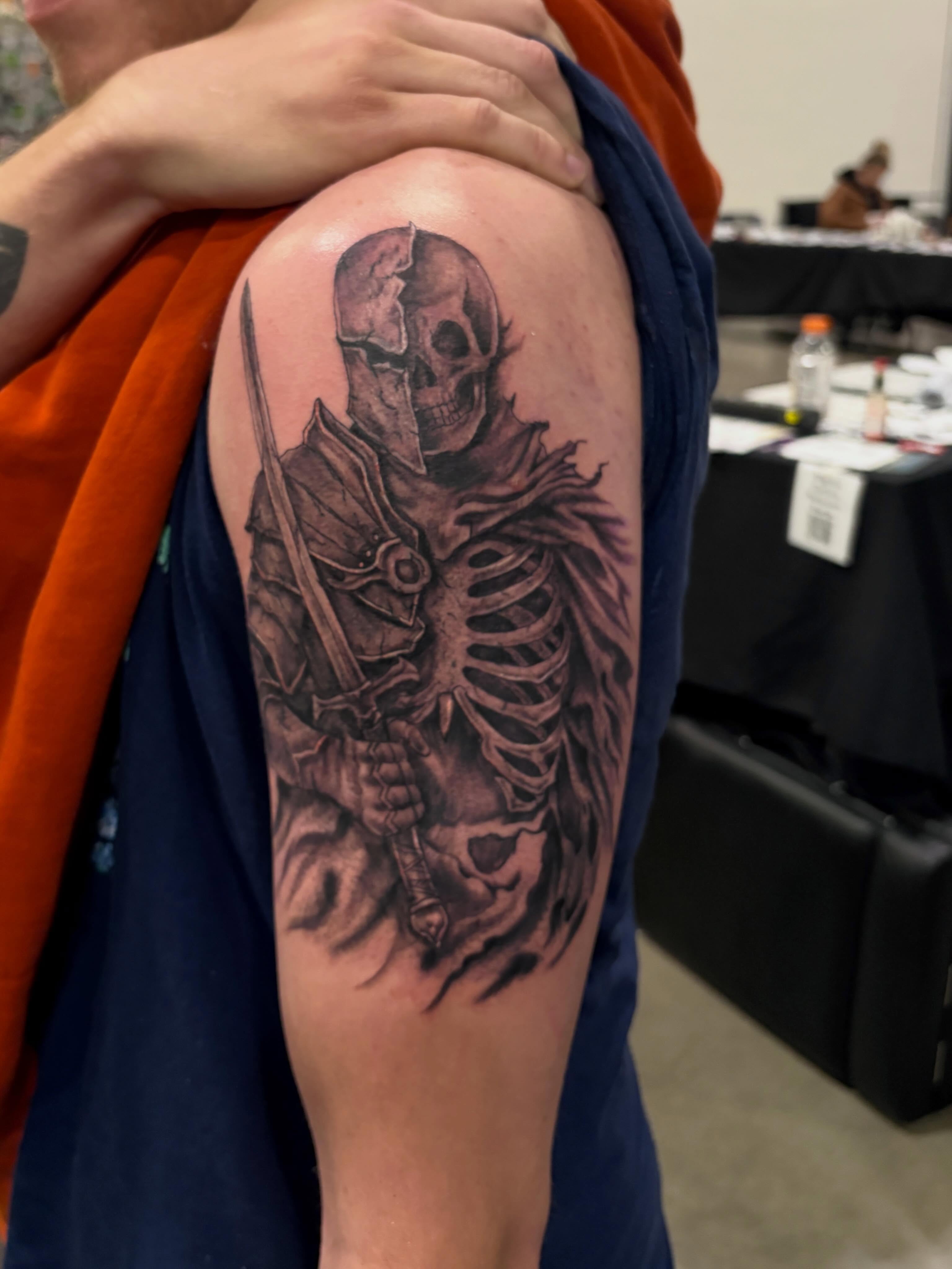 Skeleton warrior realism tattoo on the shoulder by Zeninkz