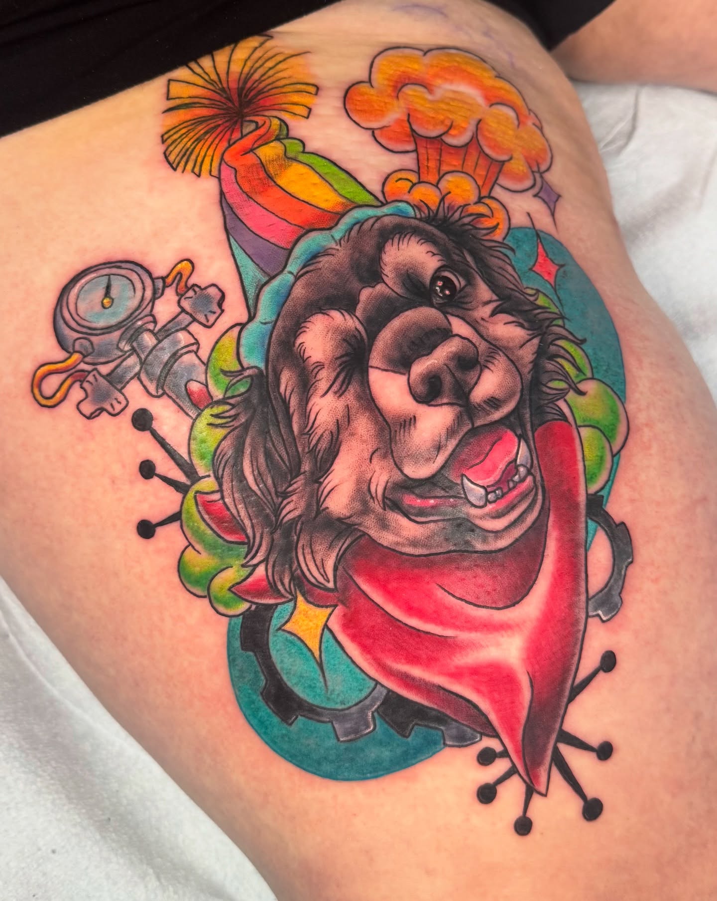 Gorilla new school tattoo on the thigh by Breanna B