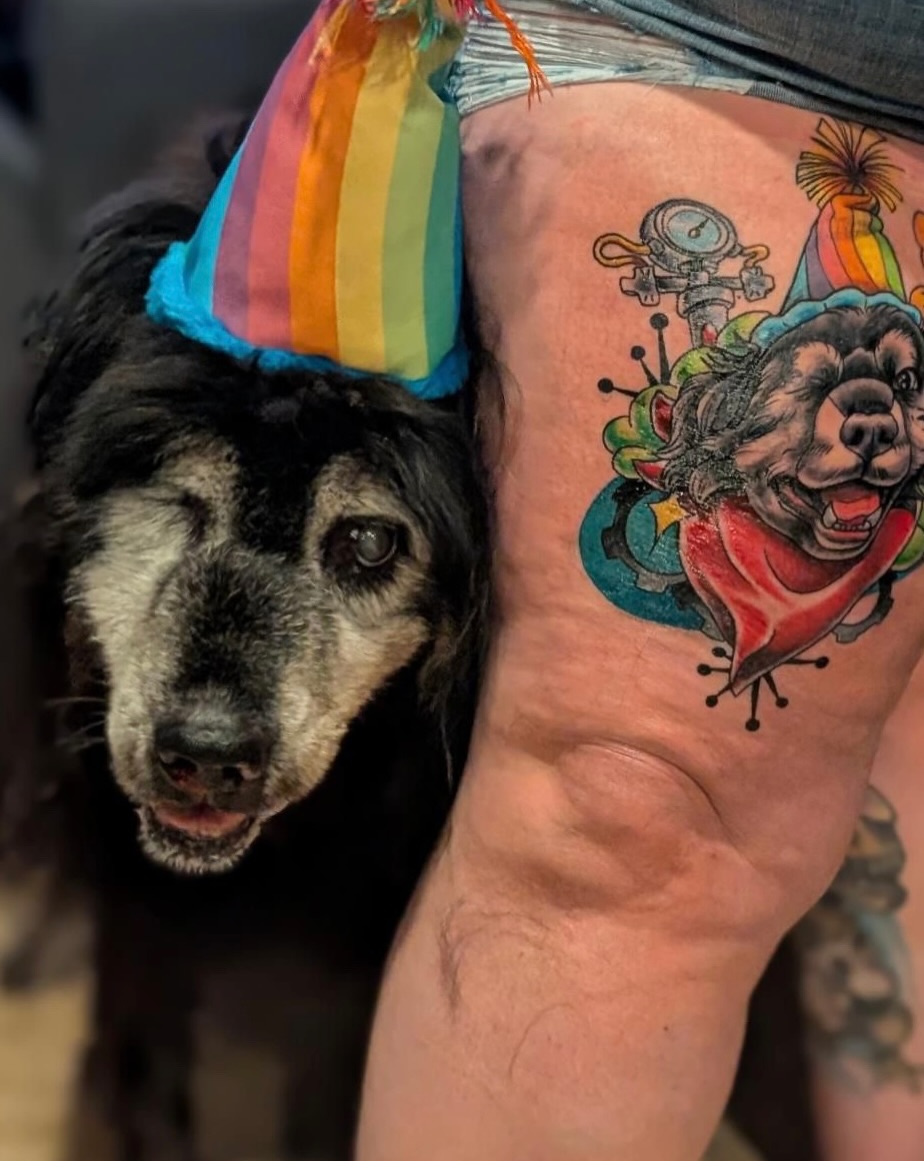 Clown dog new school tattoo on the thigh by Breanna B