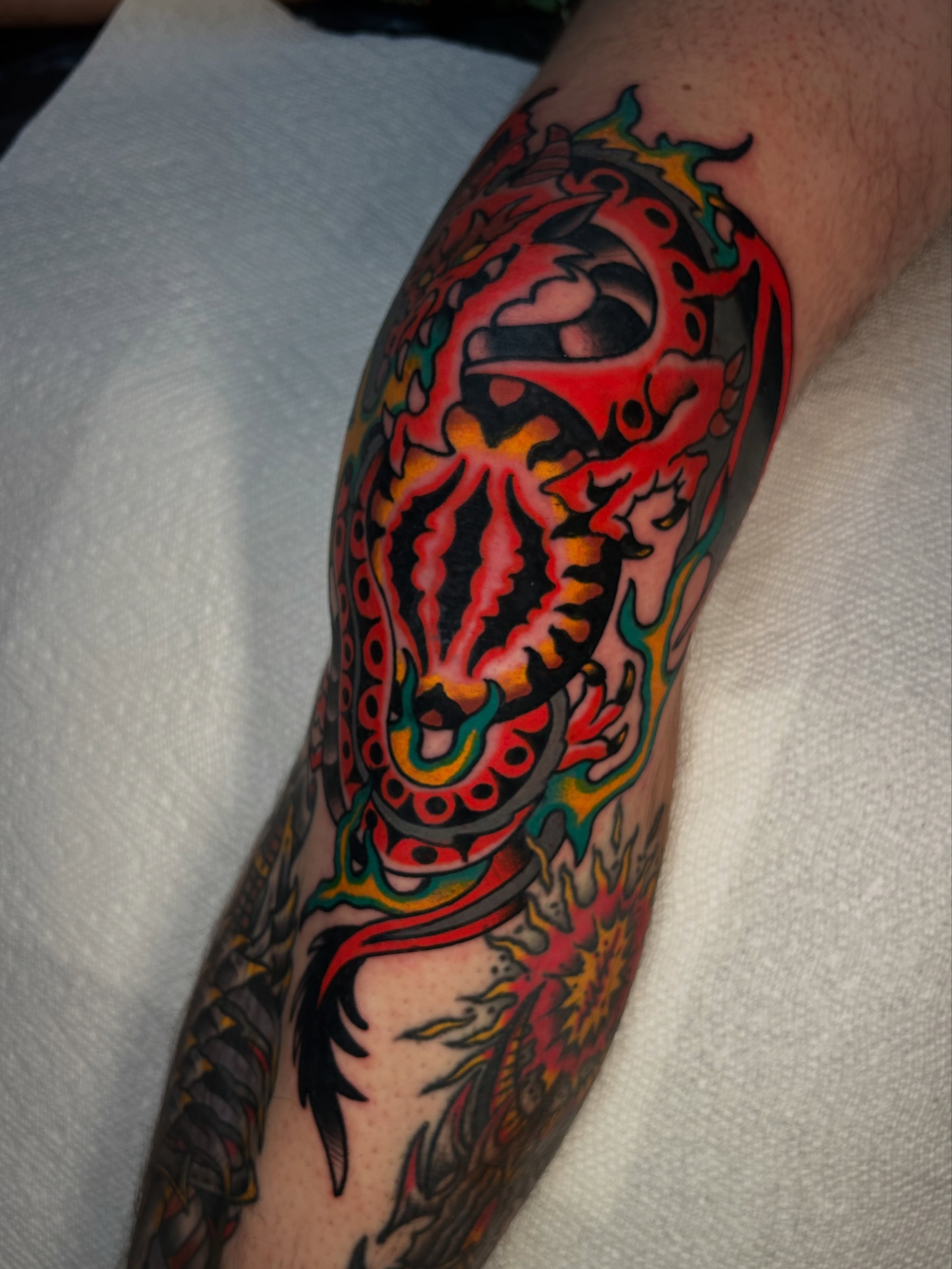 Dragon American traditional tattoo on the forearm by Kit Miller, Indianapolis, Indiana