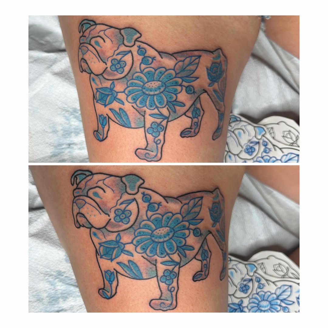 Bulldog with floral patterns American traditional tattoo on the thigh by Andrea Lynne Hastings-Craven Tattoo Artist, Cleveland, Ohio