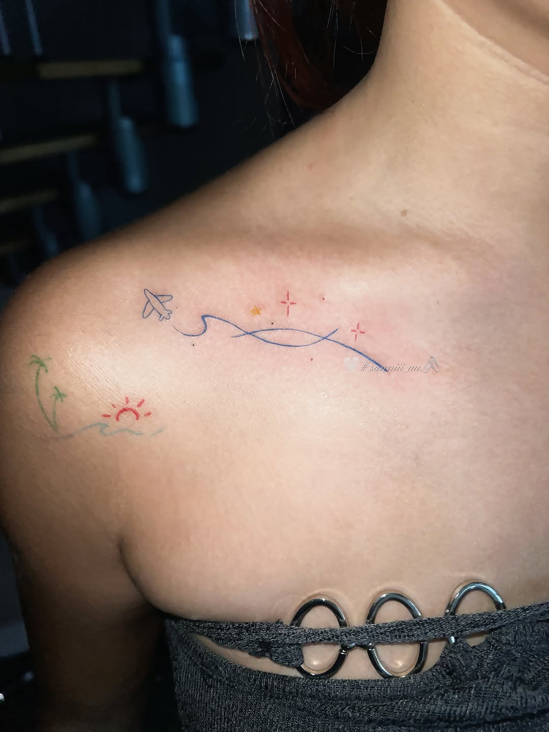 Airplane and landscape minimalist tattoo on the shoulder by 🤍# sanniii_au.🖇️