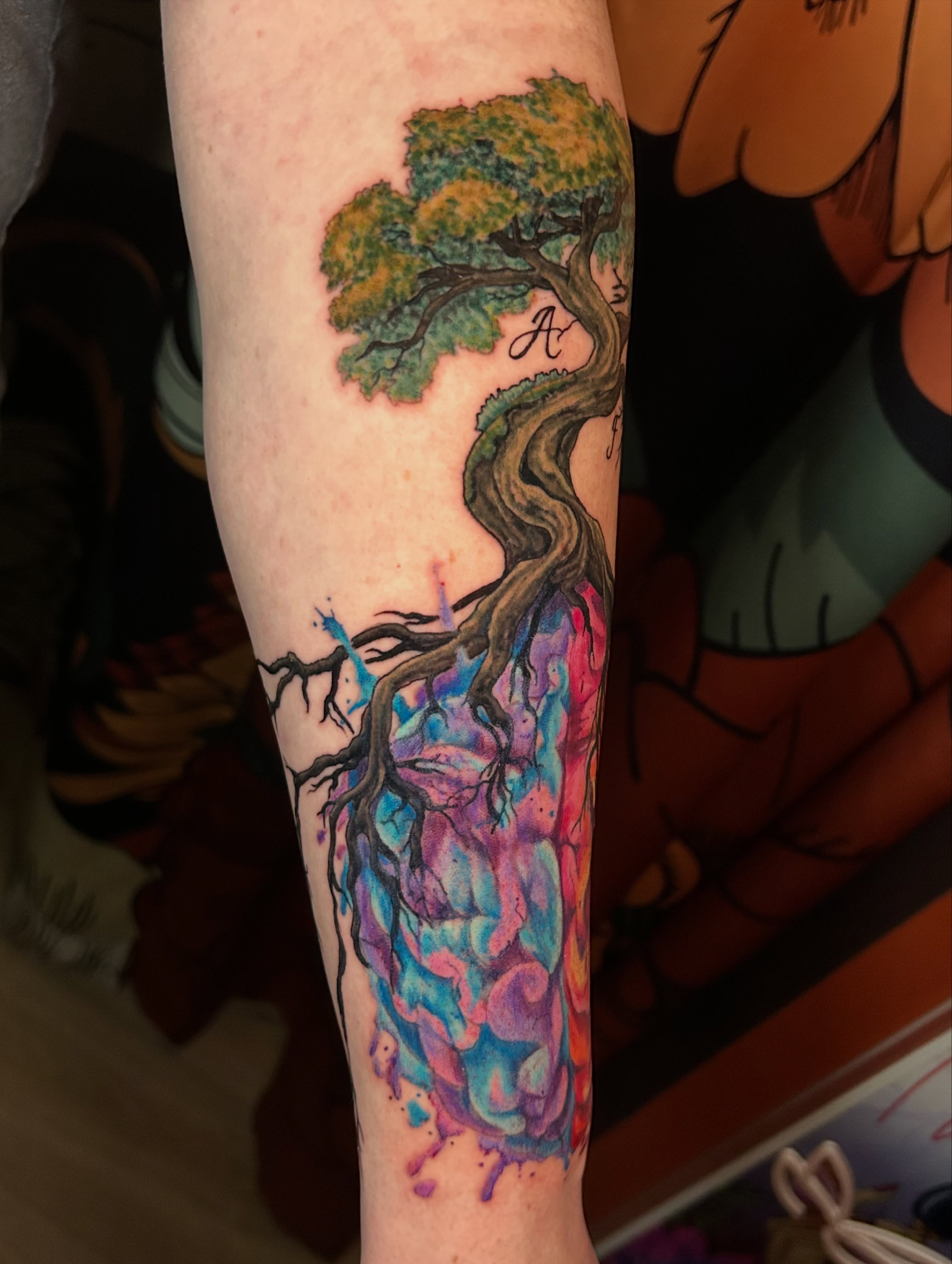 Tree watercolor tattoo on the forearm by Paisley Diaz, Lombard, Illinois
