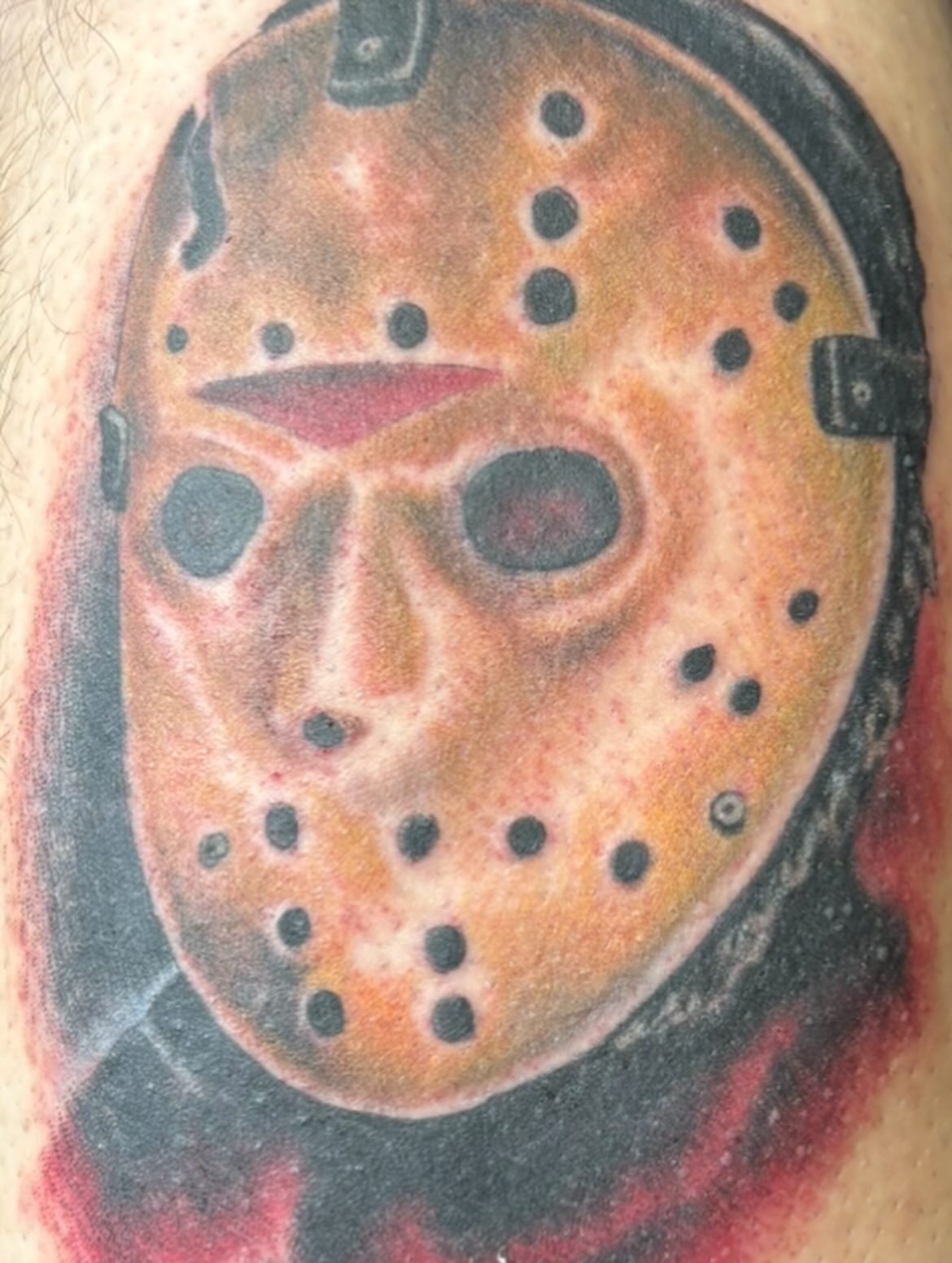 Mask trash polka tattoo on the torso by Scottbarrytattoos@gmail.com