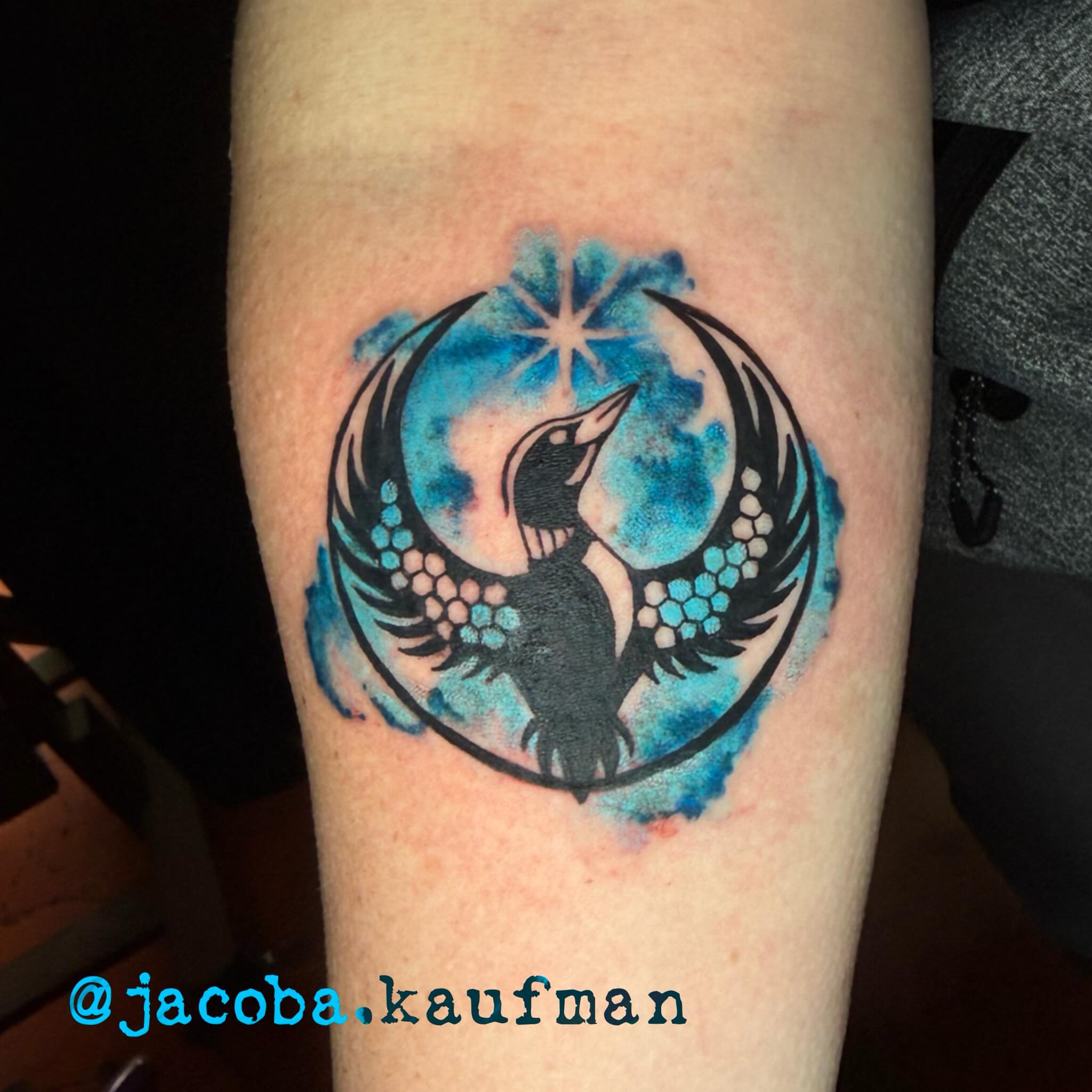Phoenix dotwork tattoo on the forearm by Jacoba Kaufman