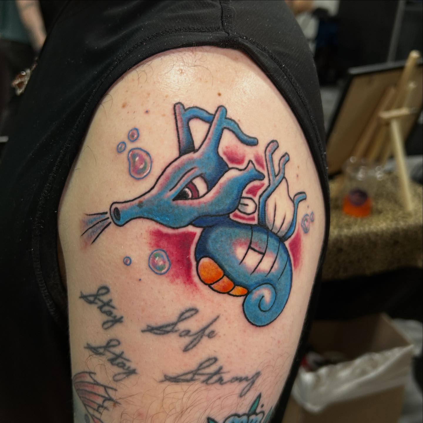 Seahorse American traditional tattoo on the shoulder by Sarah π€π»