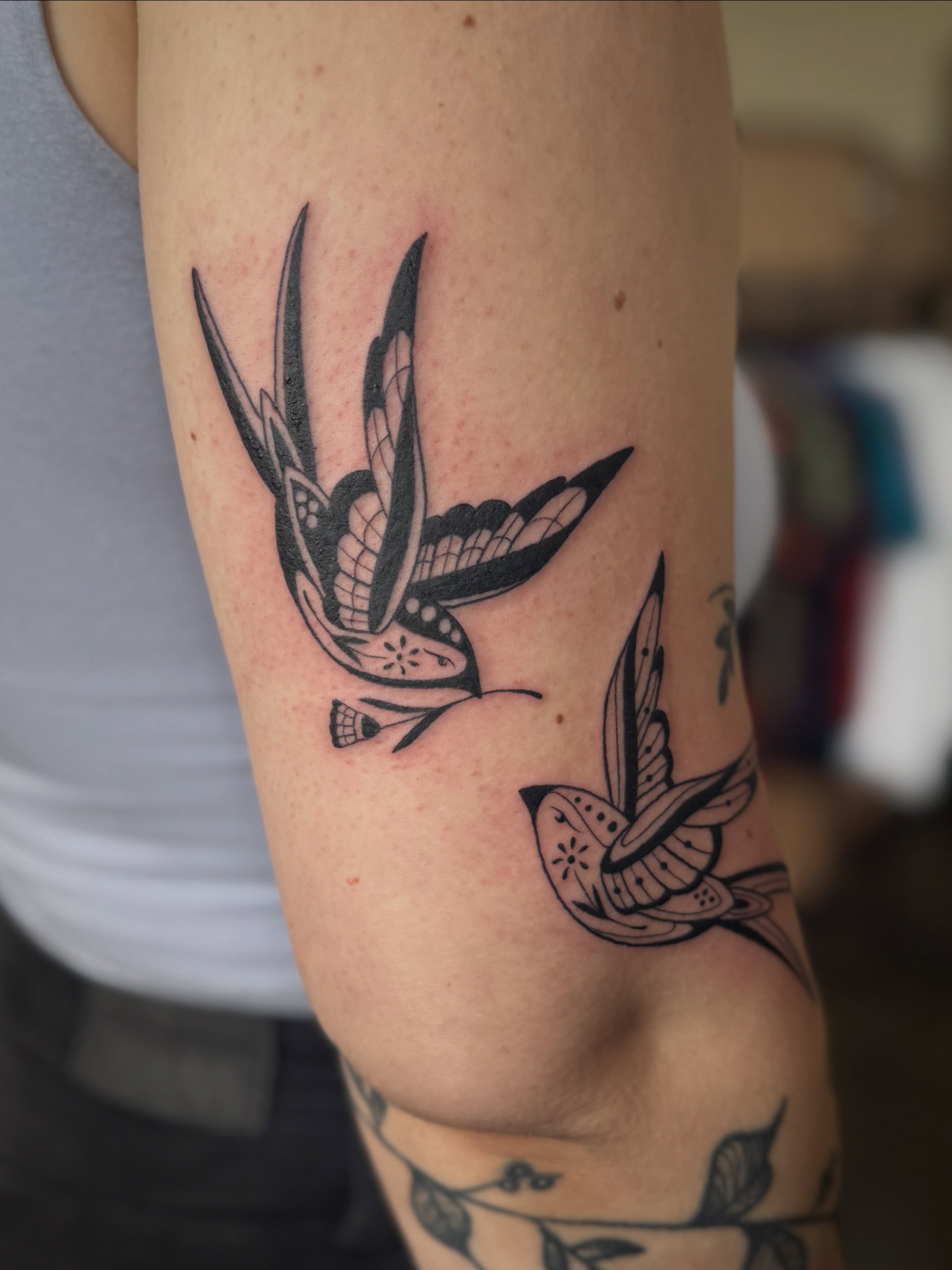 Swallows American traditional tattoo on the forearm by Leah - Tattoo Artist