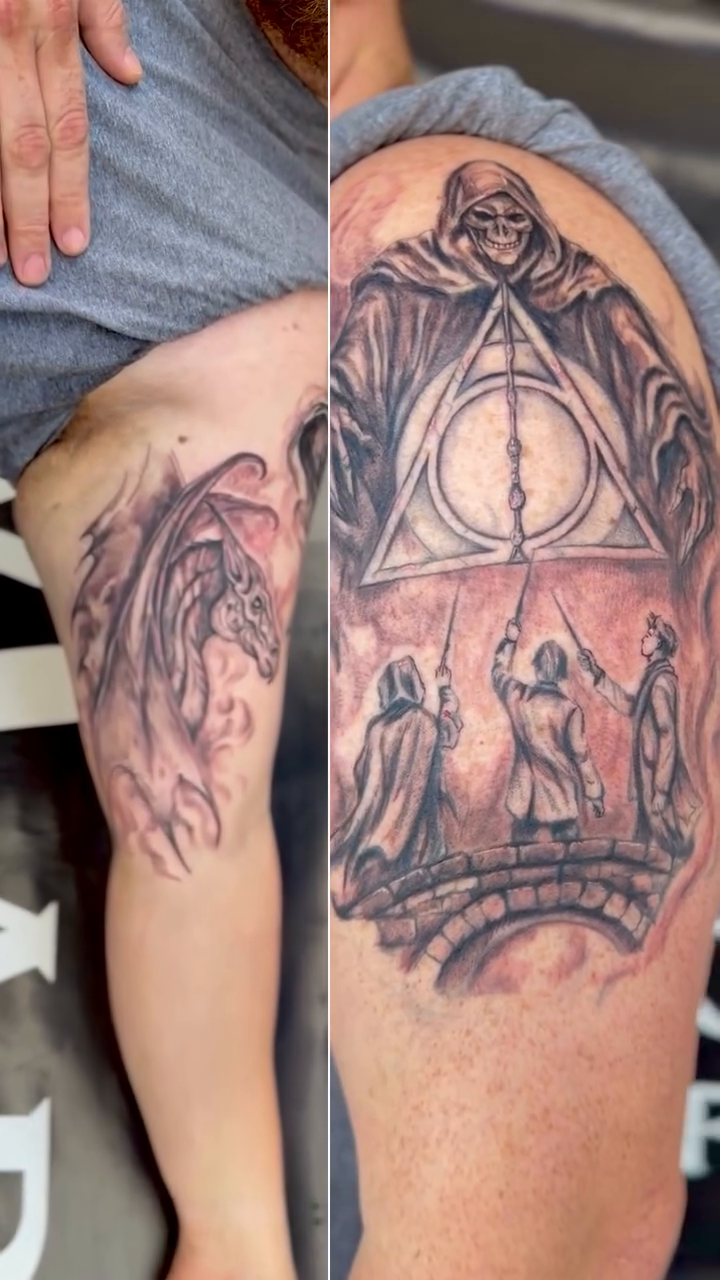 Harry Potter Deathly Hallows scene sketch tattoo on the upper arm by Gisette Gomez