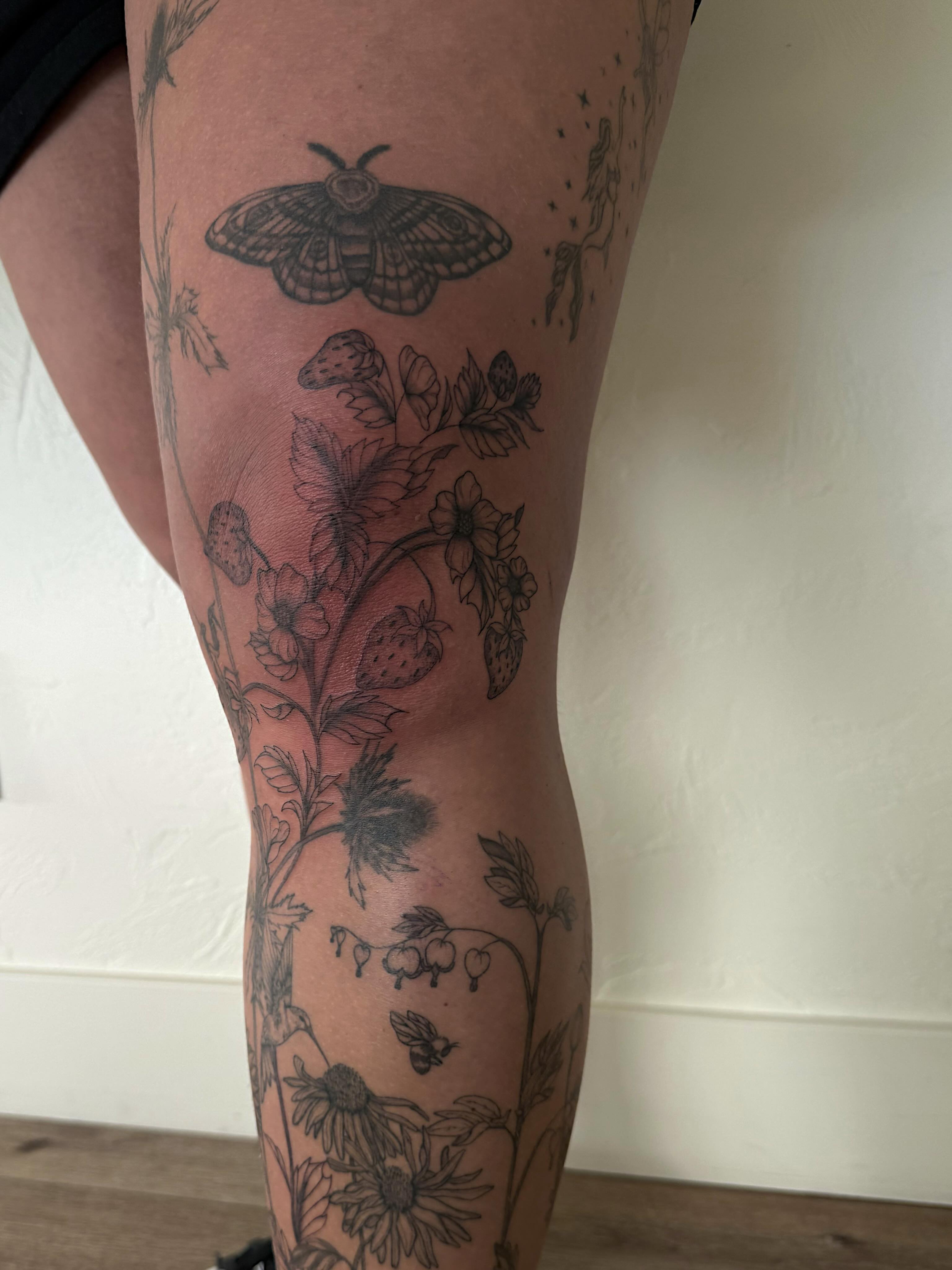 Botanical and insect black and grey tattoo on the leg by Shelby Lynn Bayles, Ogden, Utah