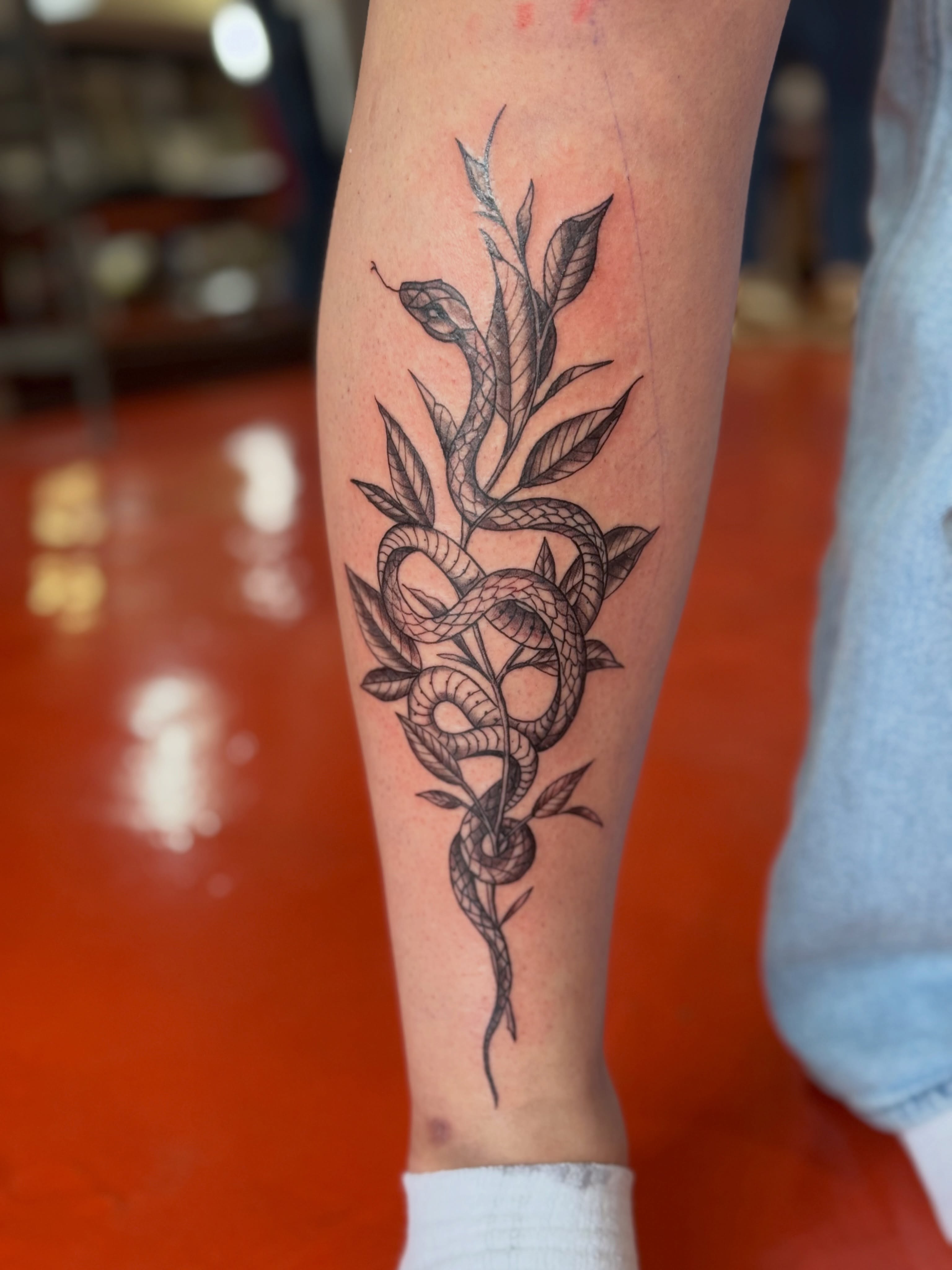Snake entwined with leaves black and grey tattoo on the forearm by Andre Guerra