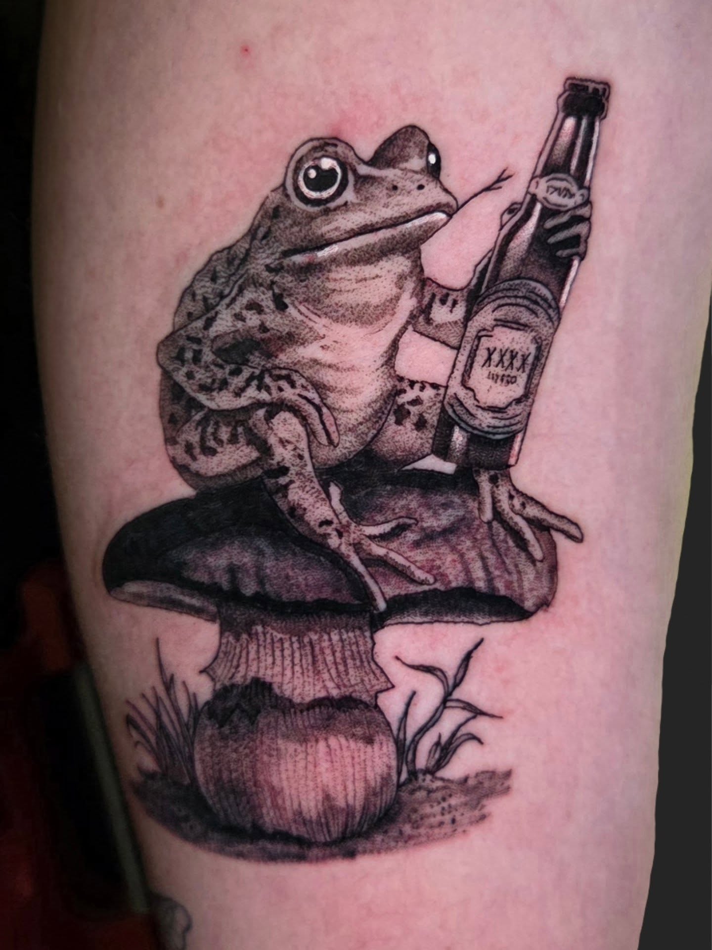 Frog drinking beer realism tattoo on the forearm by Maya Neideck