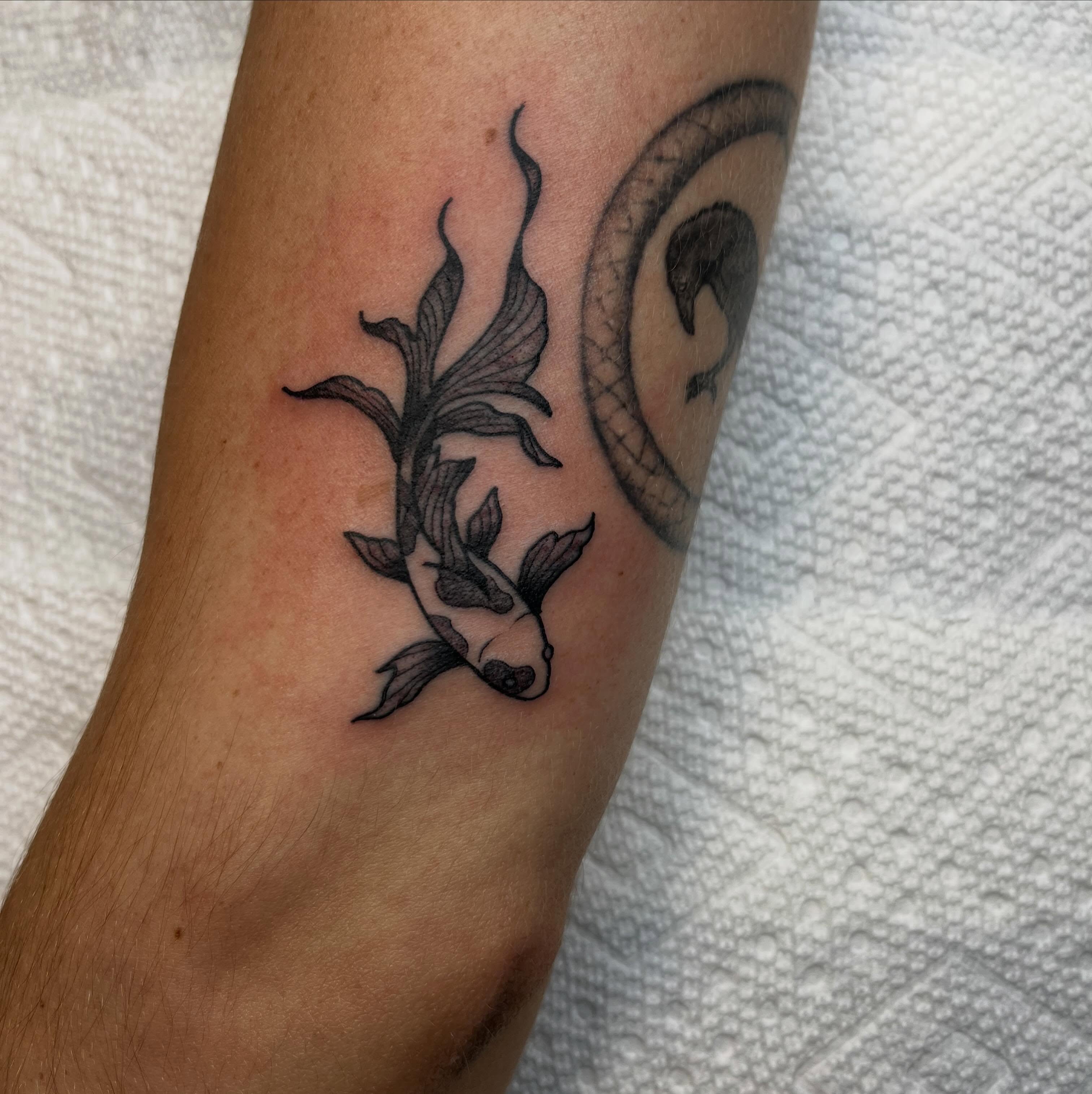 Koi fish black and grey tattoo on the forearm by Evan Voelker