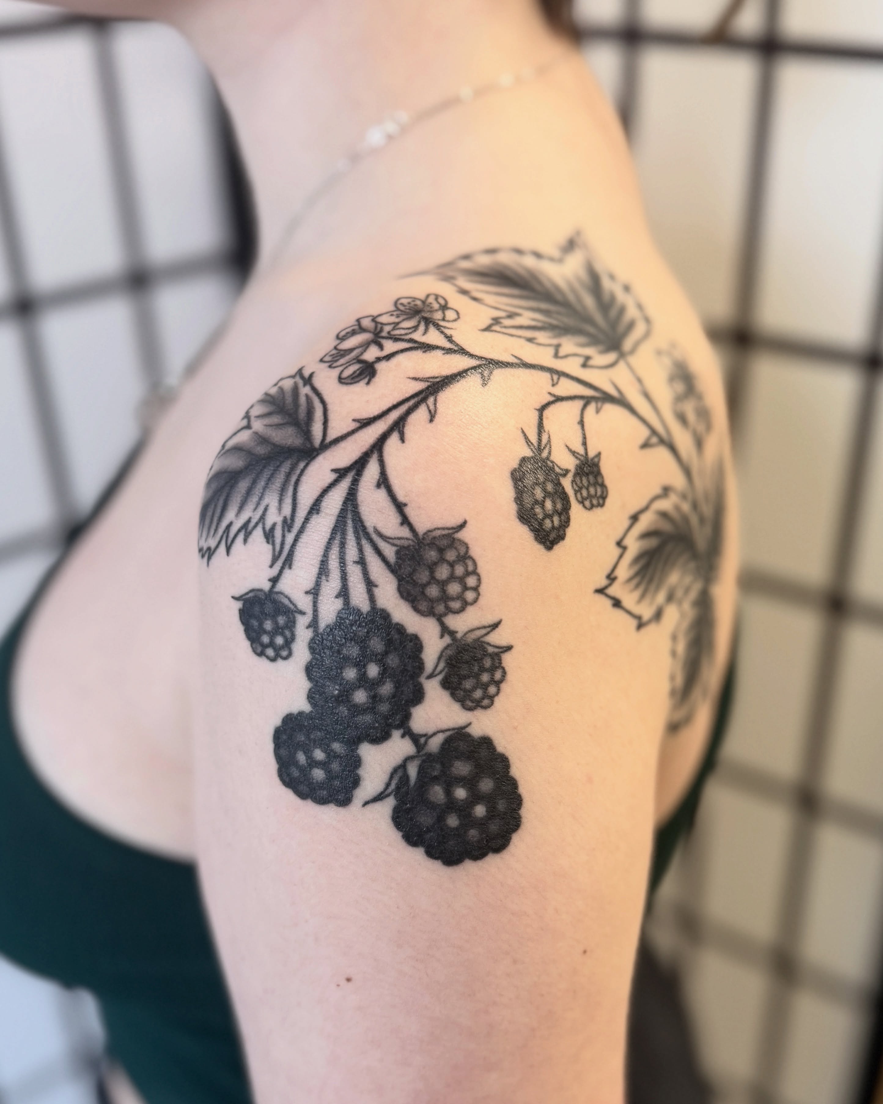 Blackberries black and grey tattoo on the shoulder by Nia (Knee-uhh) 🦷
