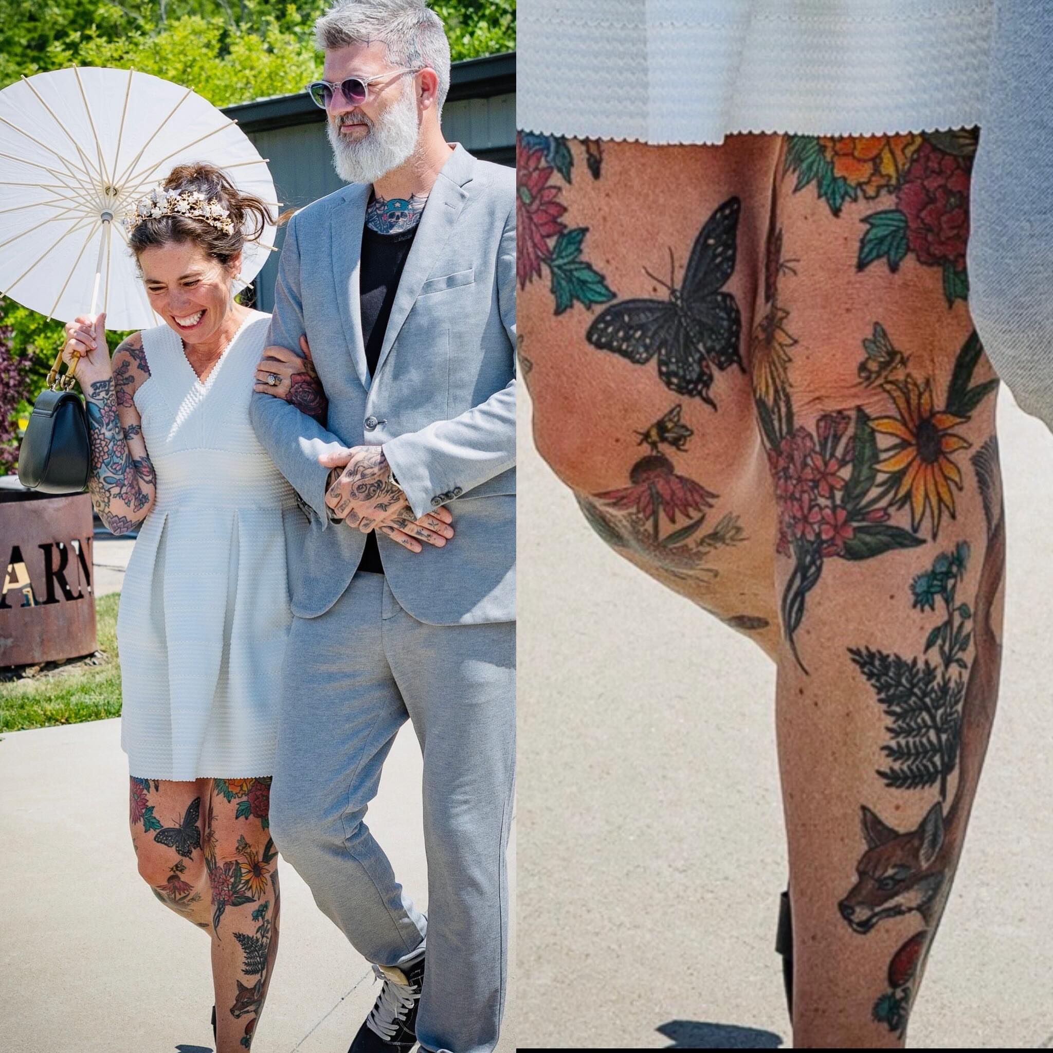 Butterfly and floral dotwork tattoo on the leg by Laura Saadati Kepper