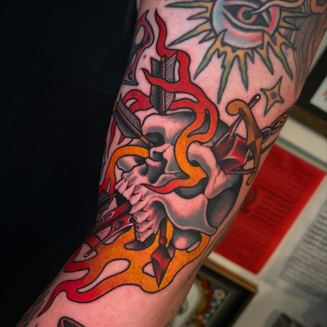 Flame and skull American traditional tattoo on the forearm by ๐ป๐๐๐ ๐ณ๐๐๐๐๐๐ ๐๐๐
