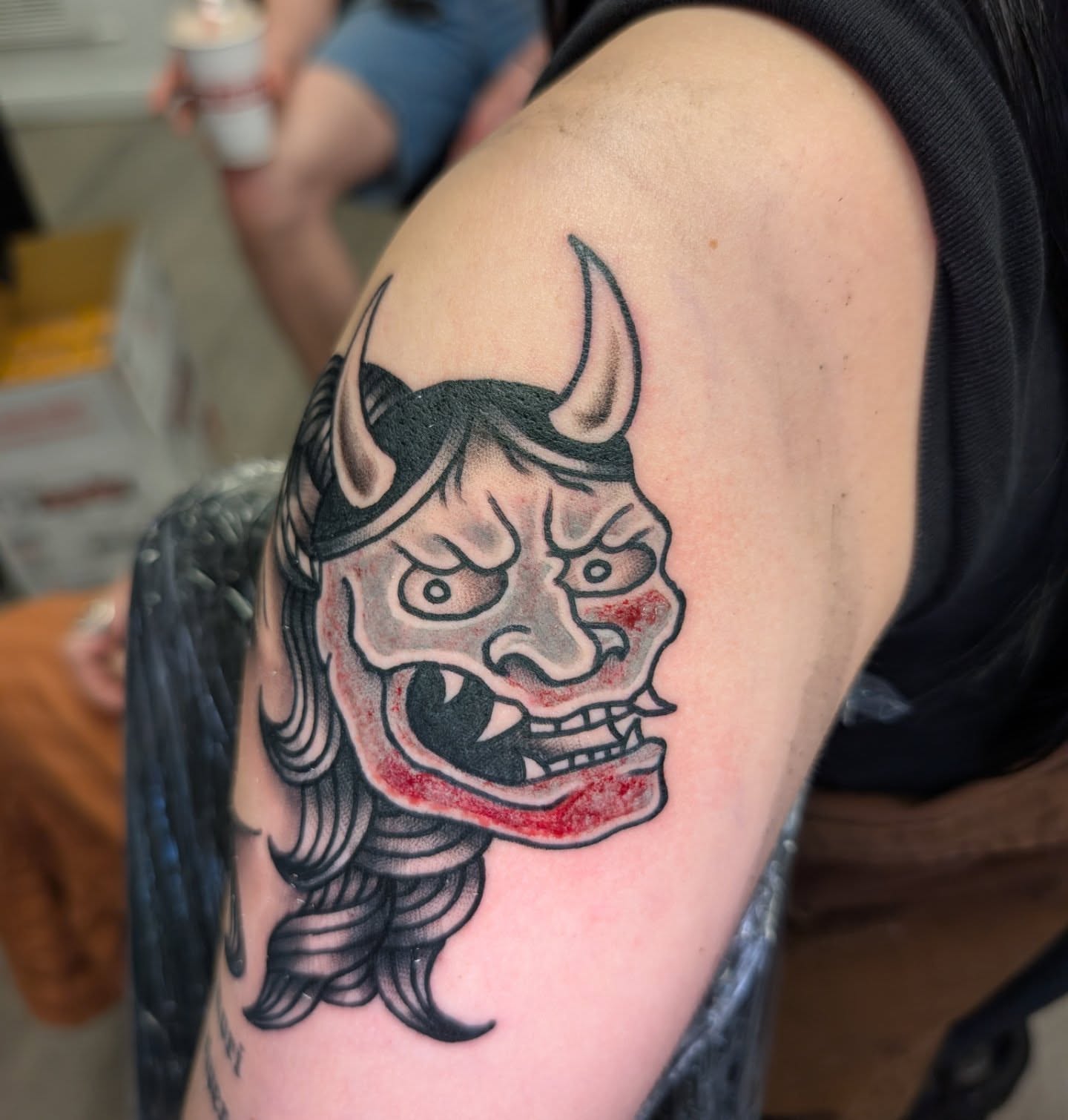 Demon mask japanese irezumi tattoo on the shoulder by Erik O'Steen, Medford, Massachusetts