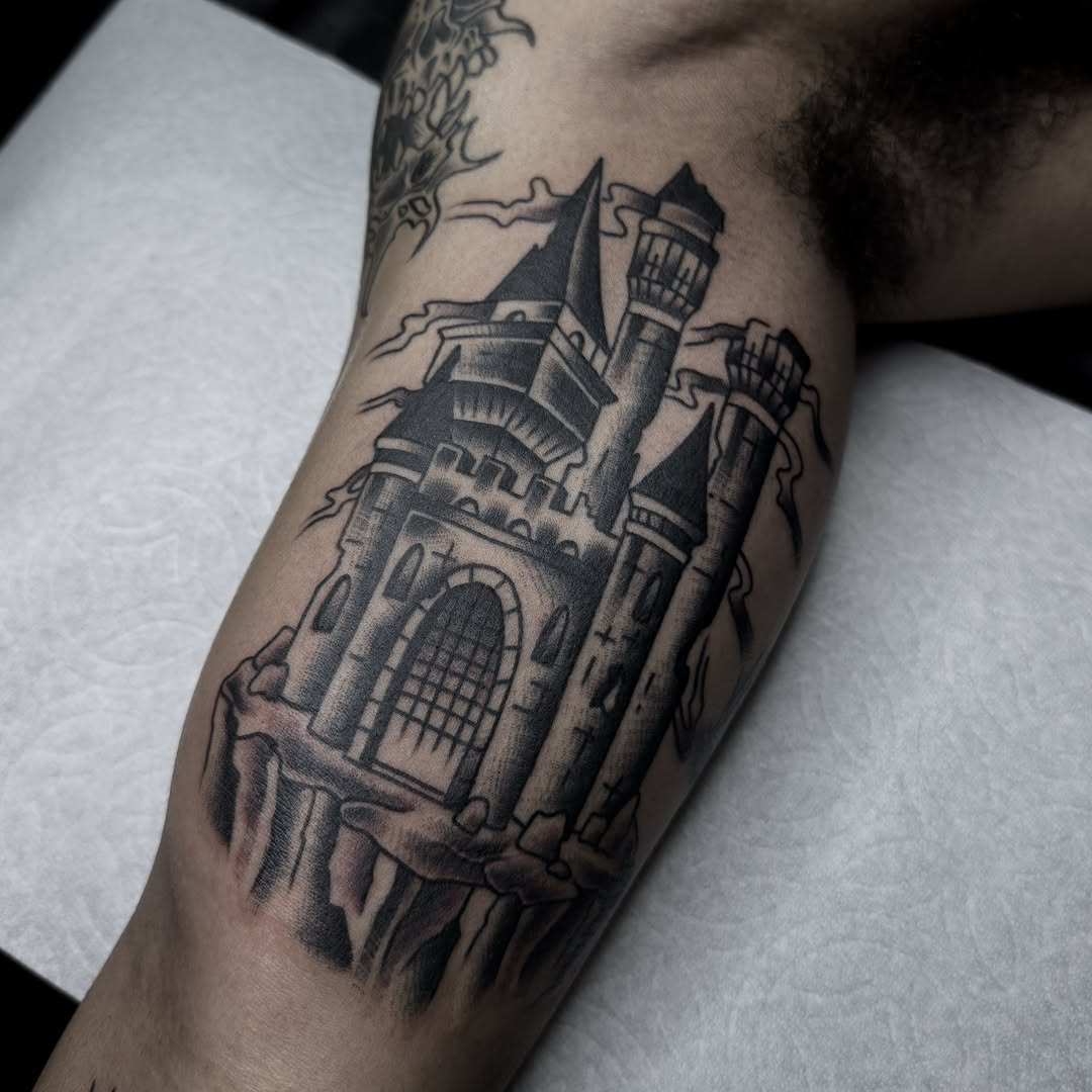 Castle black and grey tattoo on the forearm by ⚔️Andreas Dolleschal⚔️