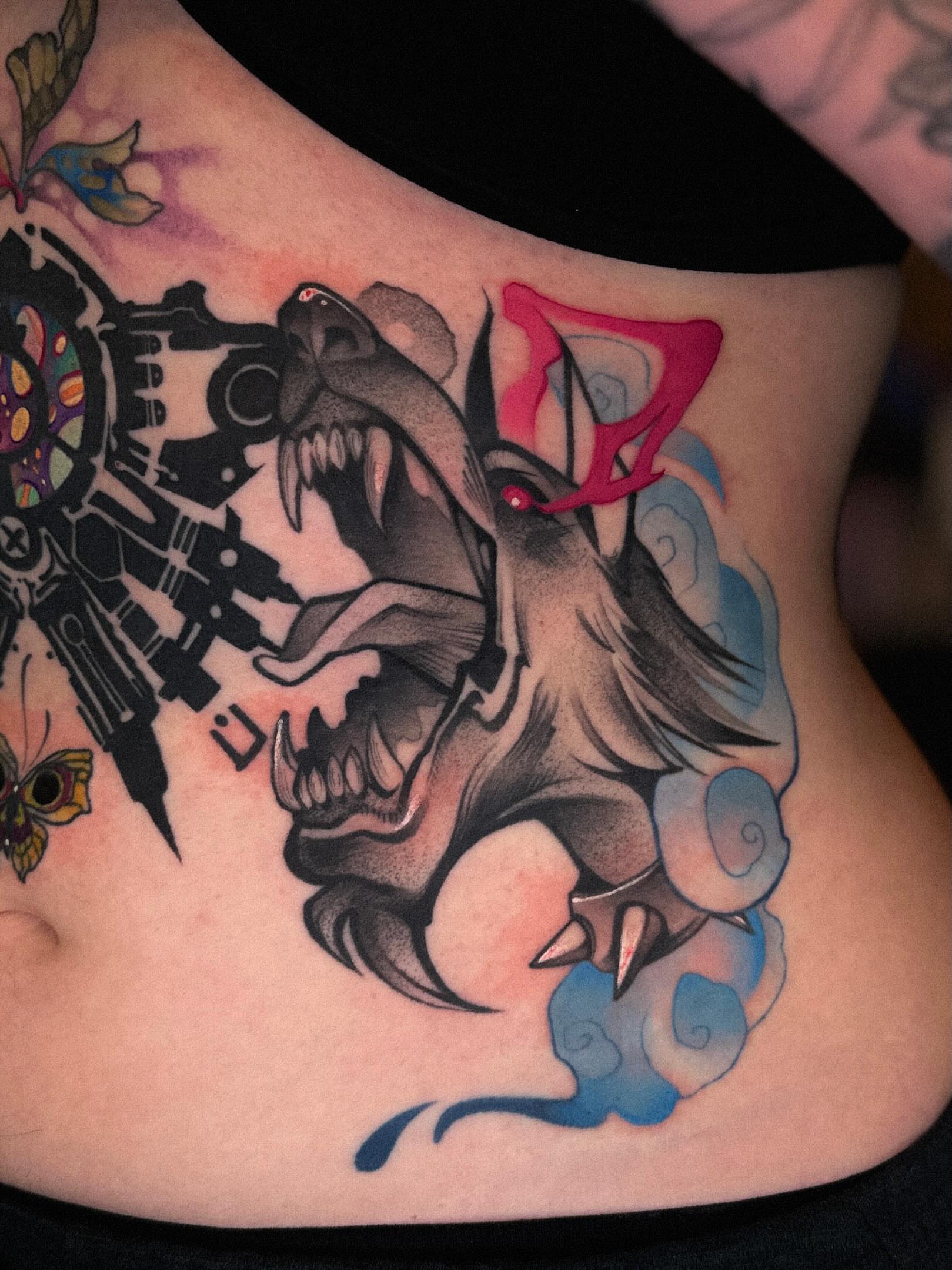 Wolf and machine dark realism tattoo on the ribs by Mattison Fire 🔥Tallahassee Tattoo Artist