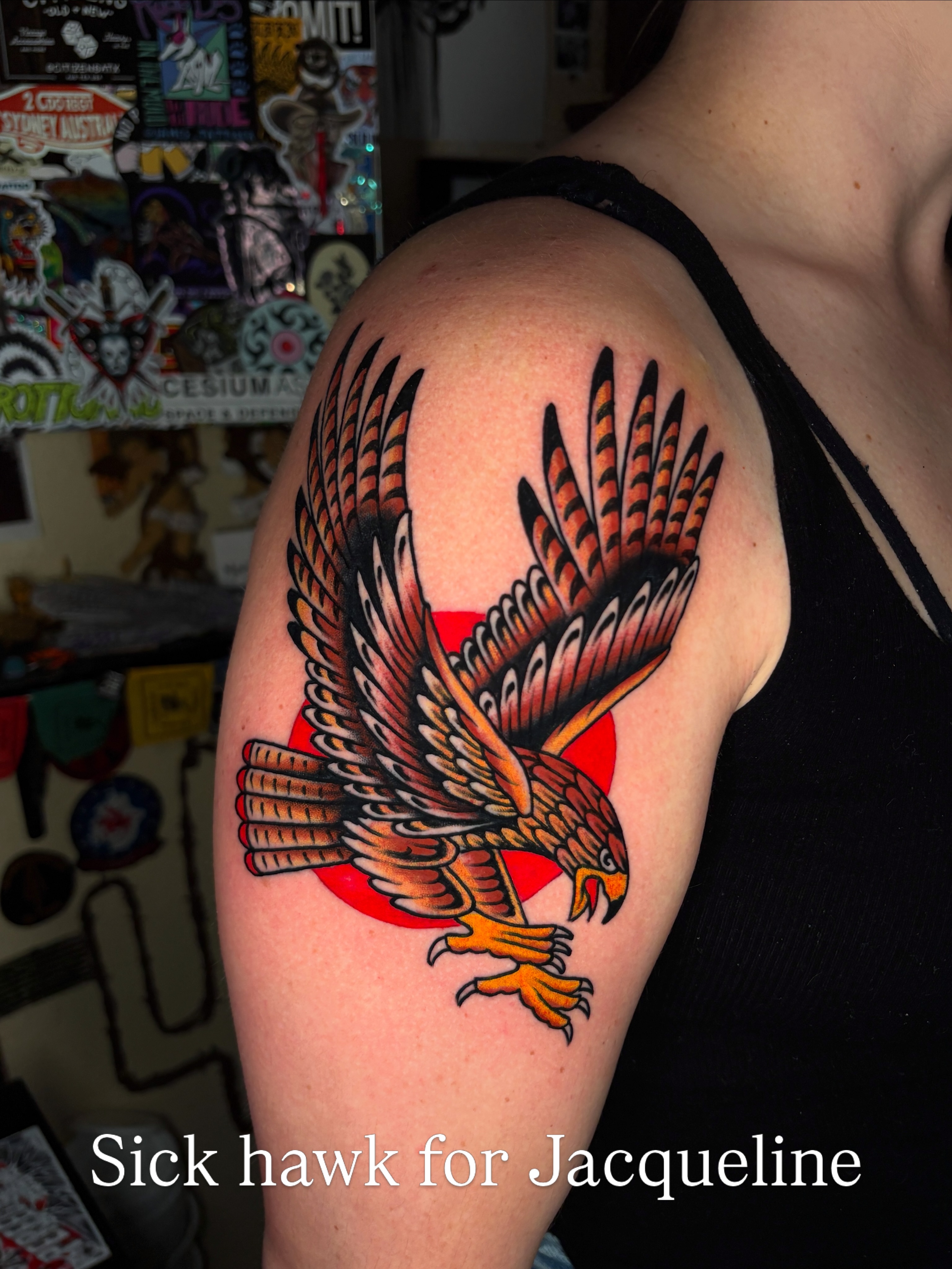 Hawk American traditional tattoo on the shoulder by Max Klapp, Austin, Texas