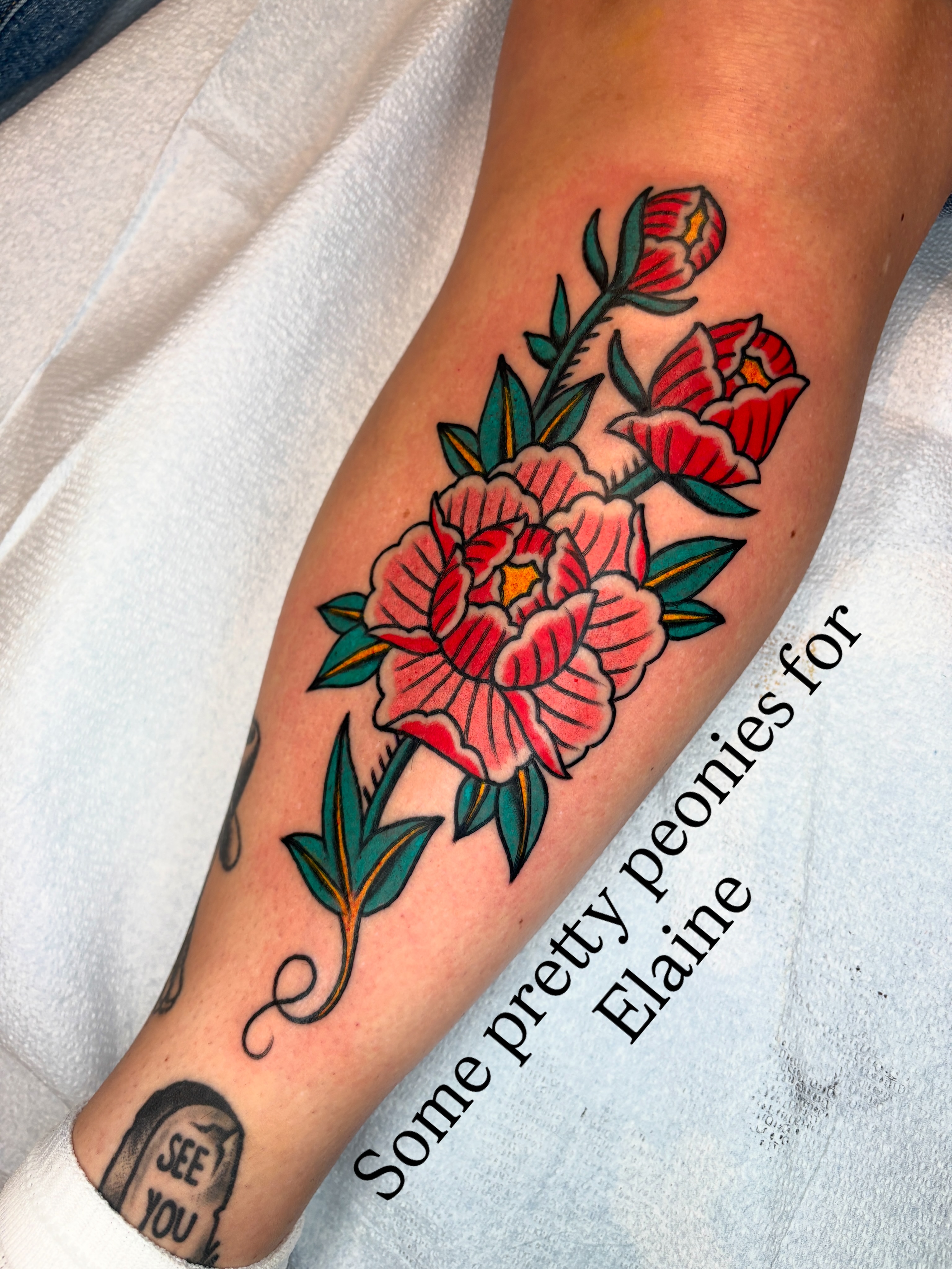Peonies American traditional tattoo on the forearm by Max Klapp, Austin, Texas