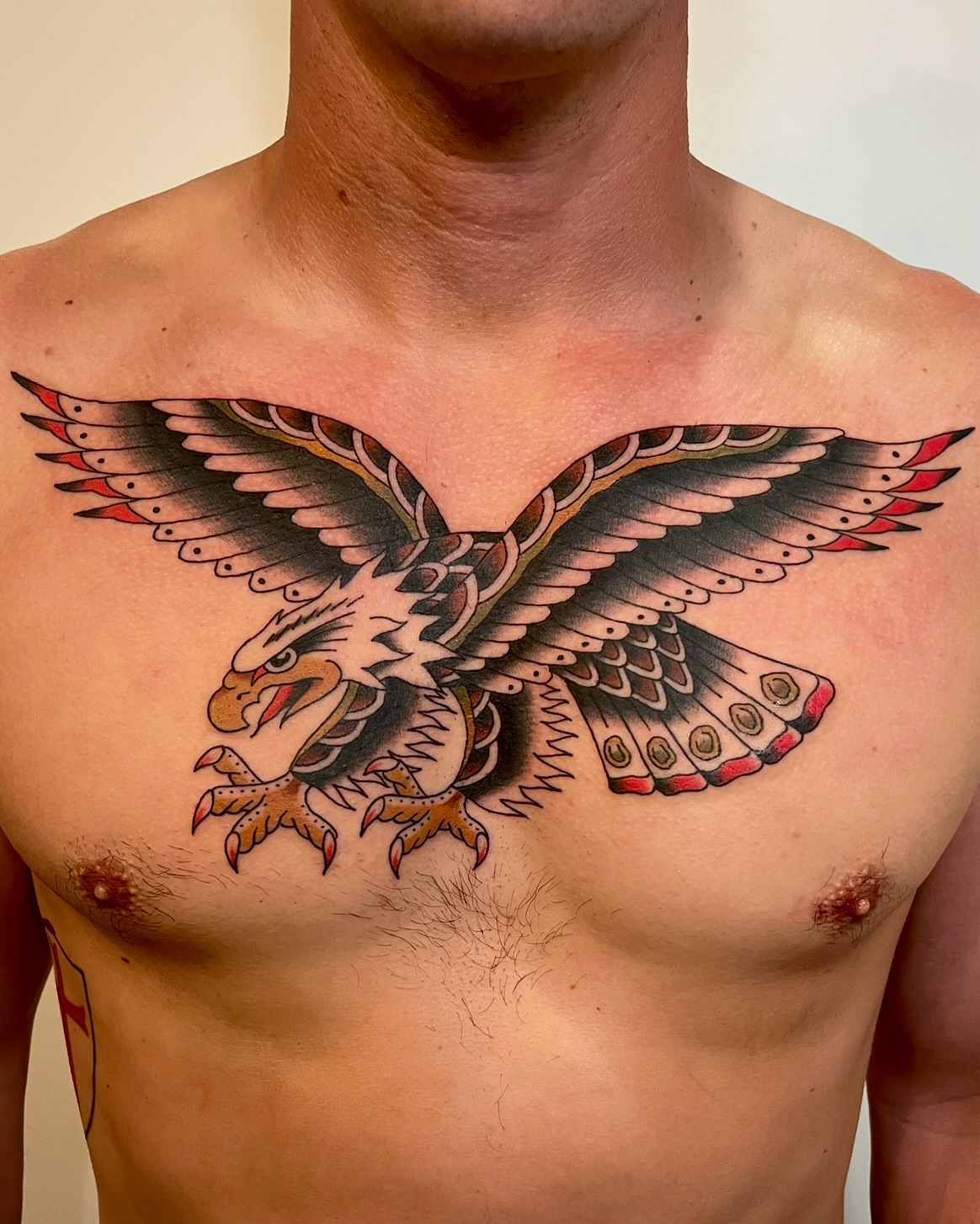 Eagle American traditional tattoo on the chest by Tiffani Thompson, San Diego, California