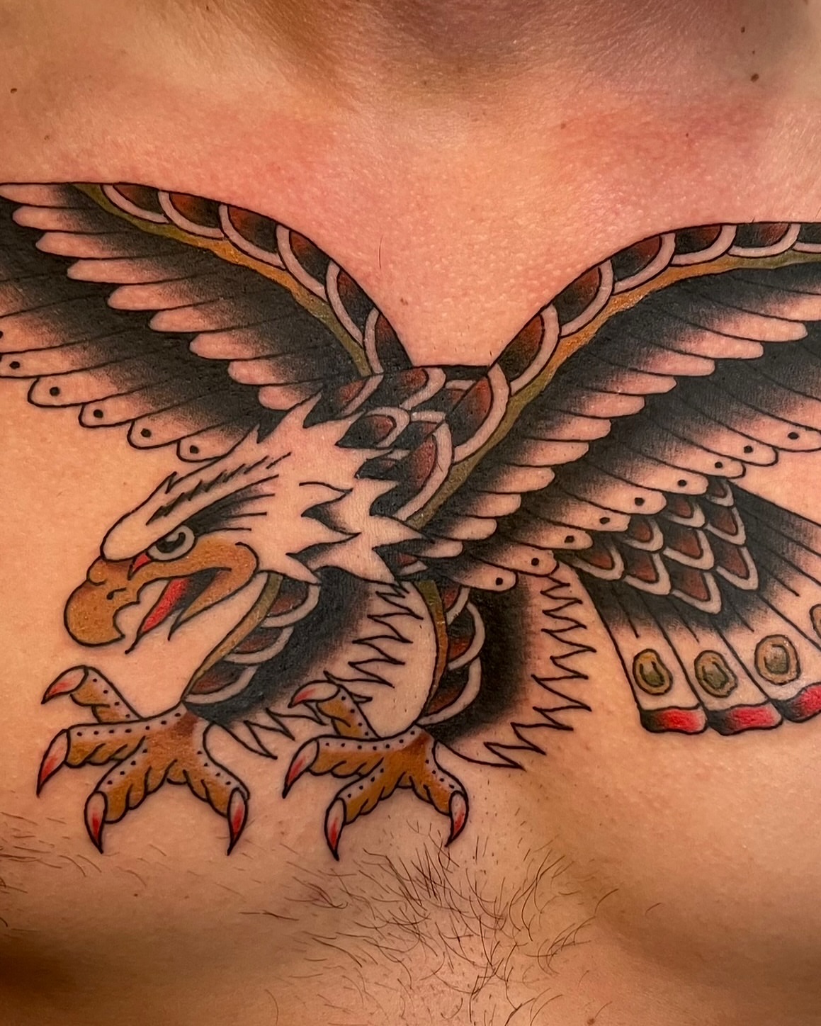 Eagle American traditional tattoo on the chest by Tiffani Thompson, San Diego, California